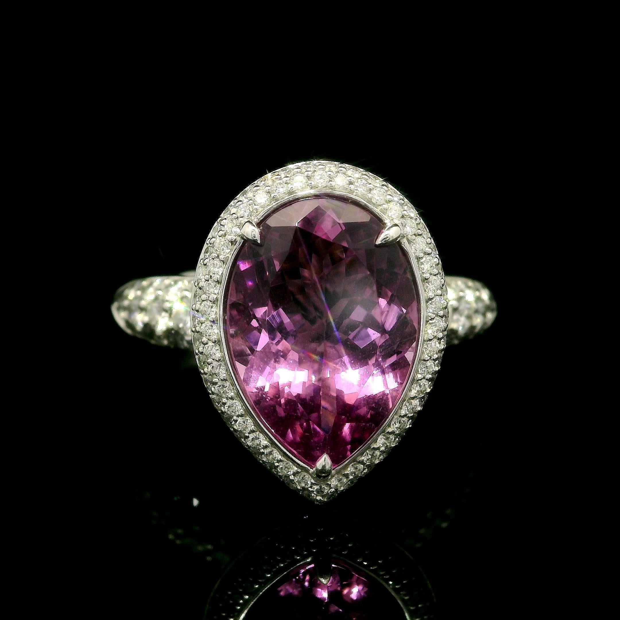 Kat Florence 18k Gold 5.44ctw Pear Madagascar Morganite & Diamond Ring w/ Box For Sale 9
