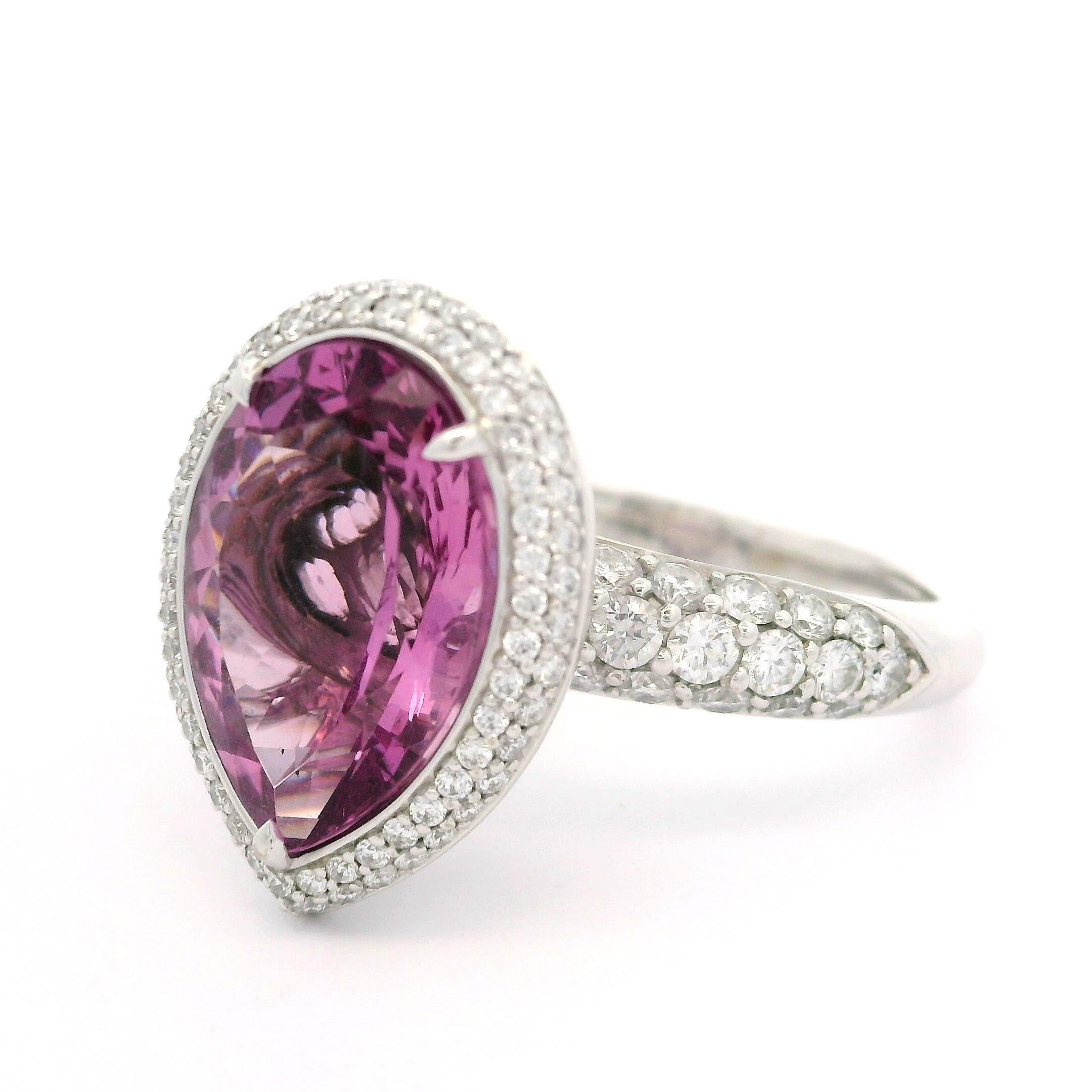 Women's Kat Florence 18k Gold 5.44ctw Pear Madagascar Morganite & Diamond Ring w/ Box For Sale