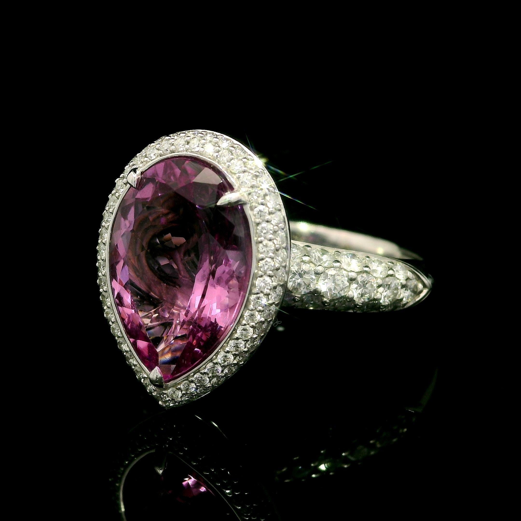Kat Florence 18k Gold 5.44ctw Pear Madagascar Morganite & Diamond Ring w/ Box For Sale 1
