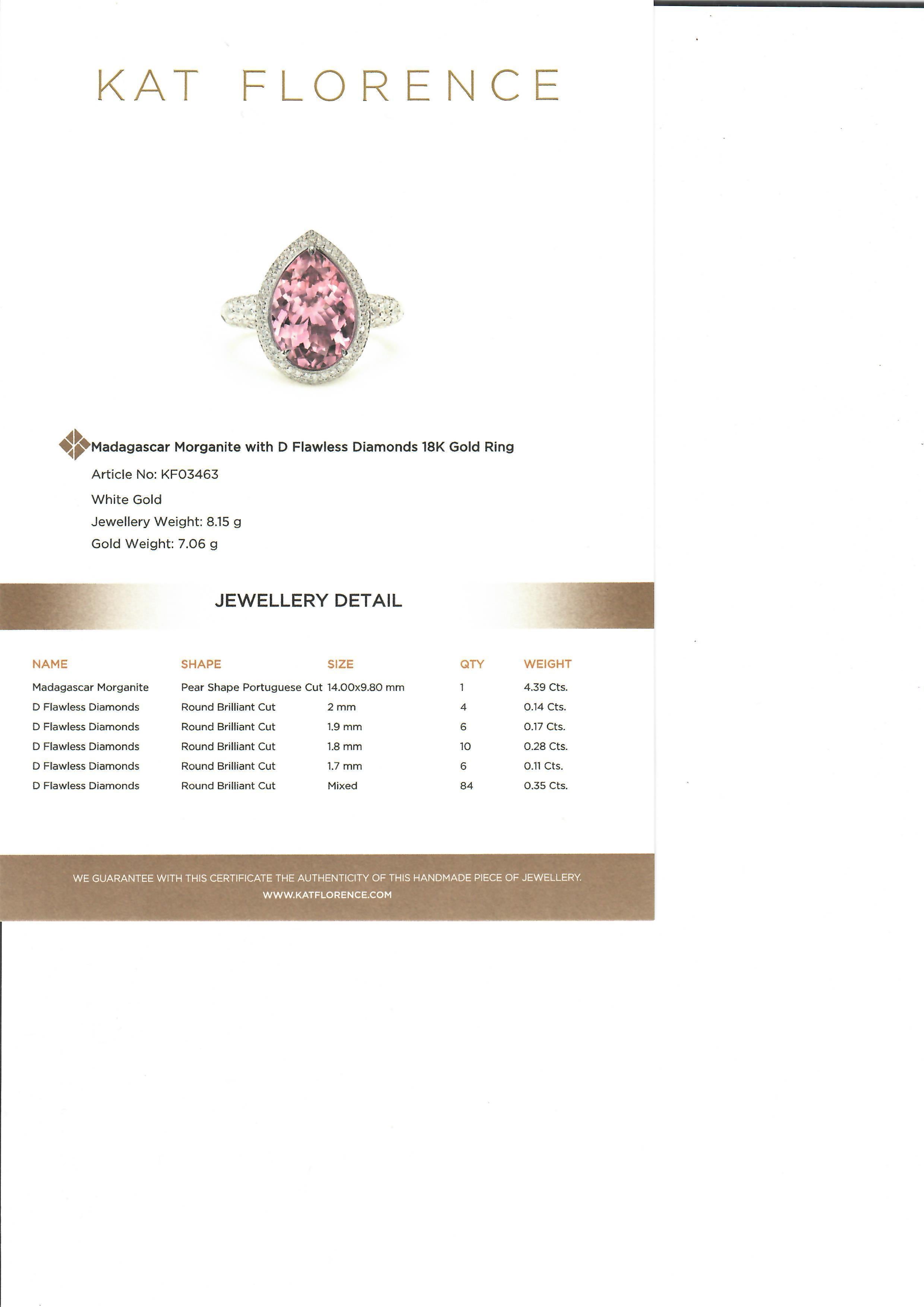 Kat Florence 18k Gold 5.44ctw Pear Madagascar Morganite & Diamond Ring w/ Box For Sale 4