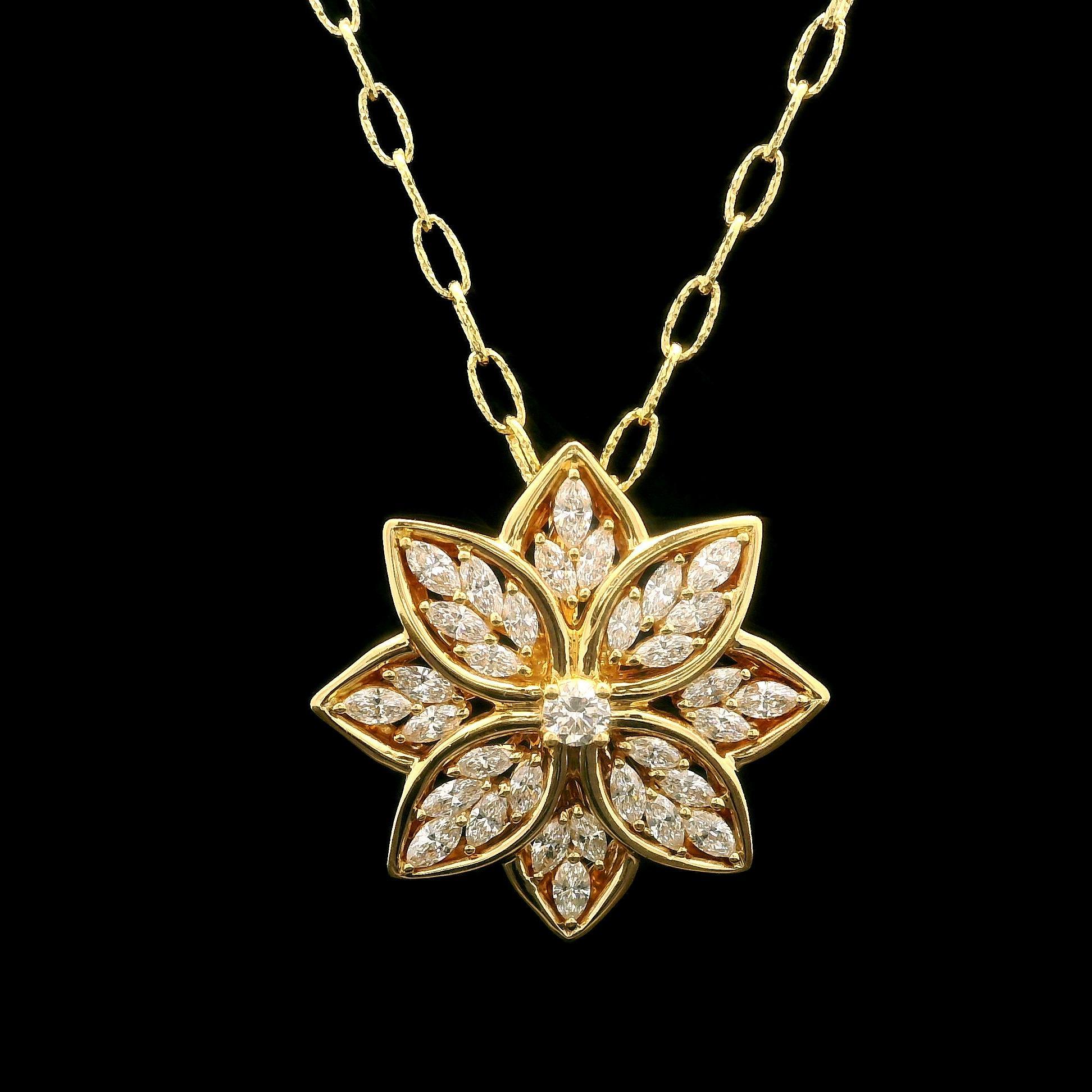 --Stone(s):--
(34) Natural Genuine Diamond - 2 Round Brilliant & 32 Marquise Cut - Prong Set - D Color - FL Clarity - 1.21ctw (exact)
Total Carat Weight: 1.21 (exact)

Material: Solid 18k Yellow Gold 
Weight: 14.90 Grams
Chain Type: Textured Cable