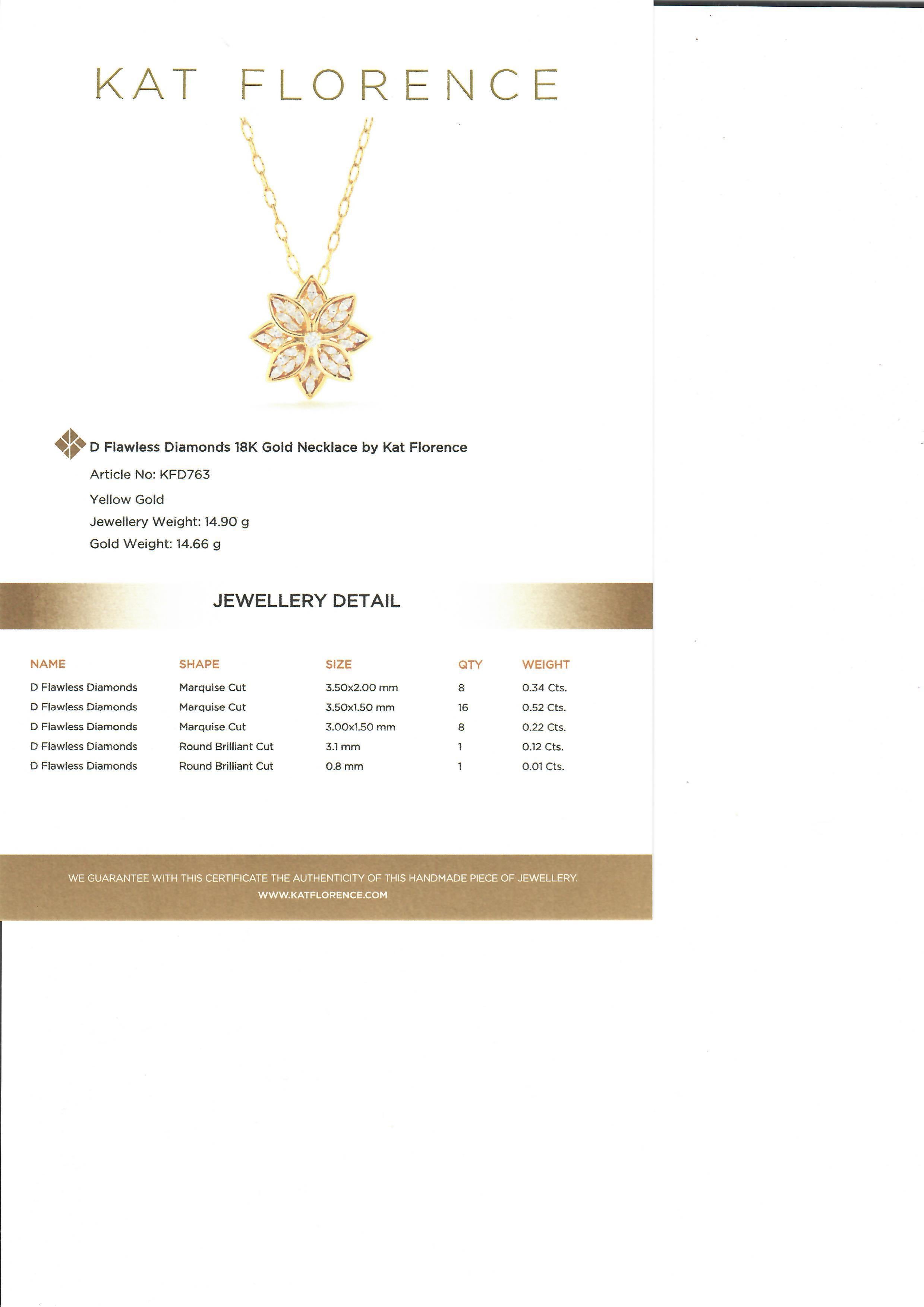 Women's Kat Florence 18k Gold D FL 1.21ctw Diamond Snowflake Pendant Necklace Long Chain For Sale