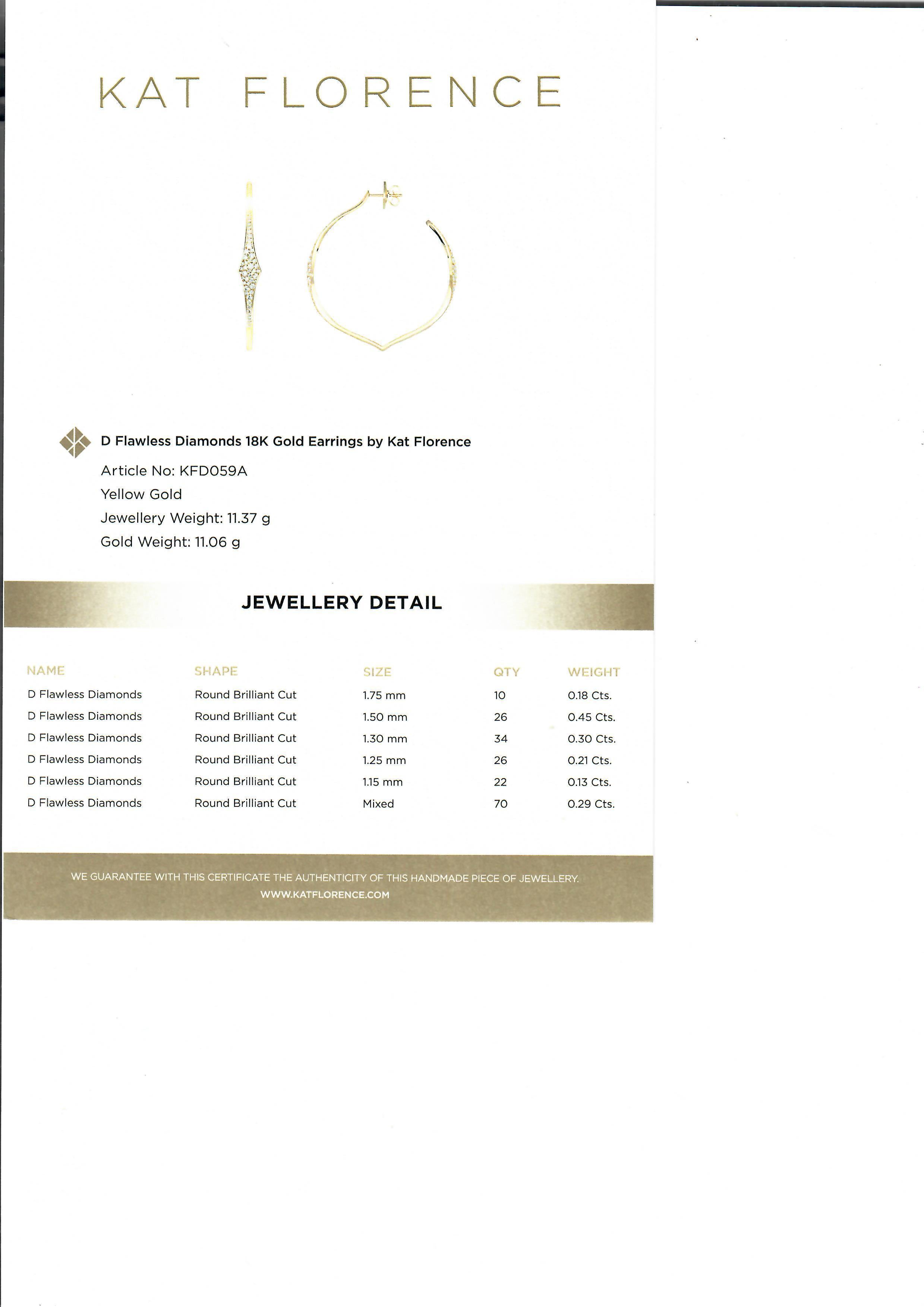 Kat Florence 18k Gold D FL 1.56ctw Diamond Large Hoop Earrings w/ Box For Sale 8