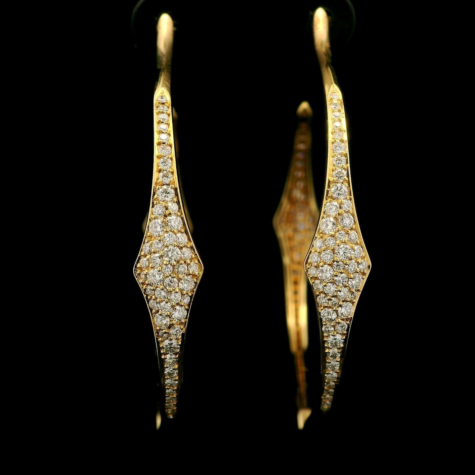 –Stones–
188 Natural Genuine Diamonds- Round Brilliant Cut - Pave Set - D Color - Flawless - 1.56ctw exact

Material: Solid 18k Yellow Gold
Weight: 10.77 Grams
Backing: Posts w/ Butterfly Closures (Pierced ears are required.)
Overall Width: 46mm