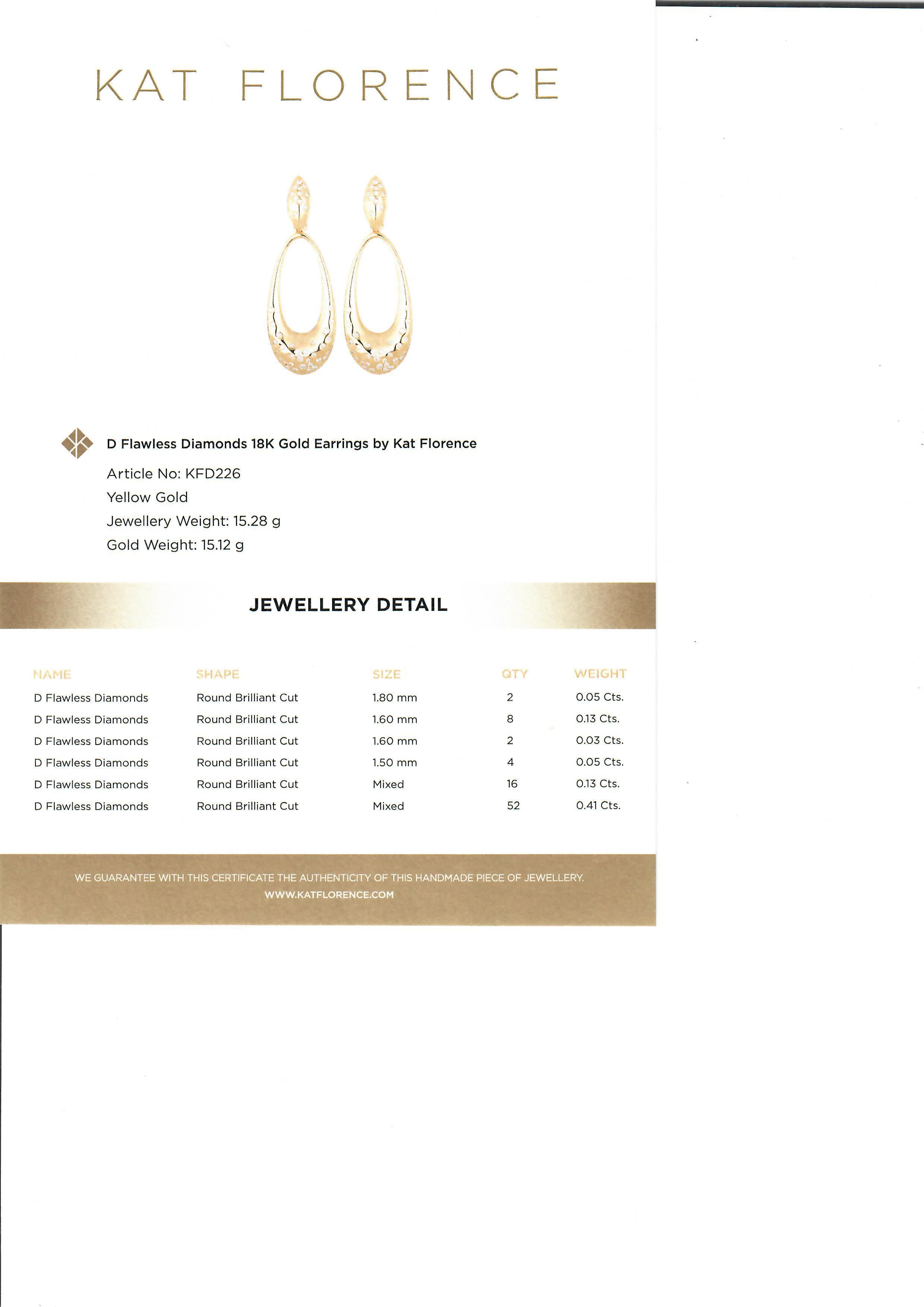 Kat Florence Boucles d'oreilles en or 18 carats D Flawless 0,80 ctw diamant en forme de goutte d'eau avec boîte Pour femmes en vente