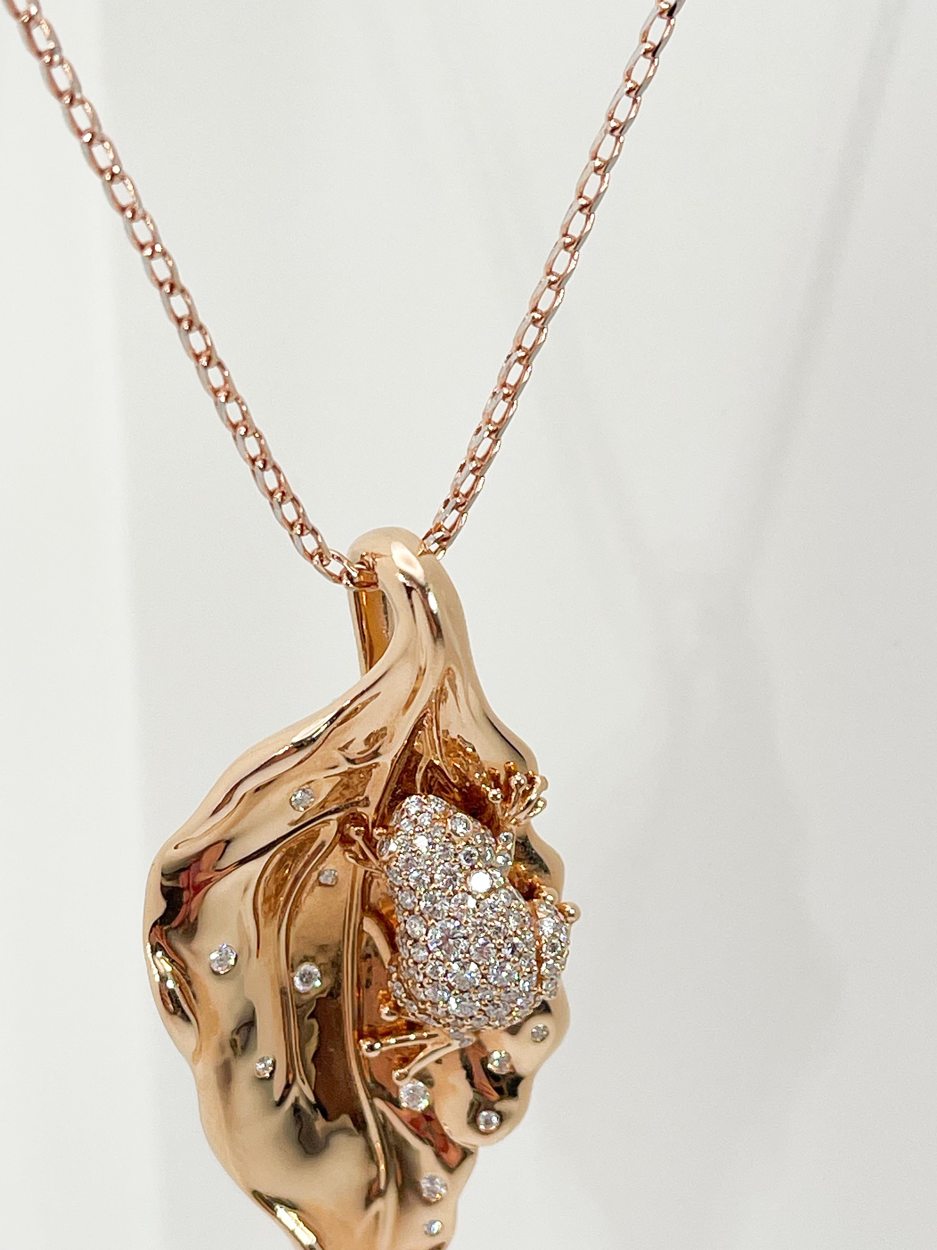 Kat Florence 18k Rose Gold Diamond Frog on Leaf Pendant .75 CTW  In Excellent Condition For Sale In Stuart, FL