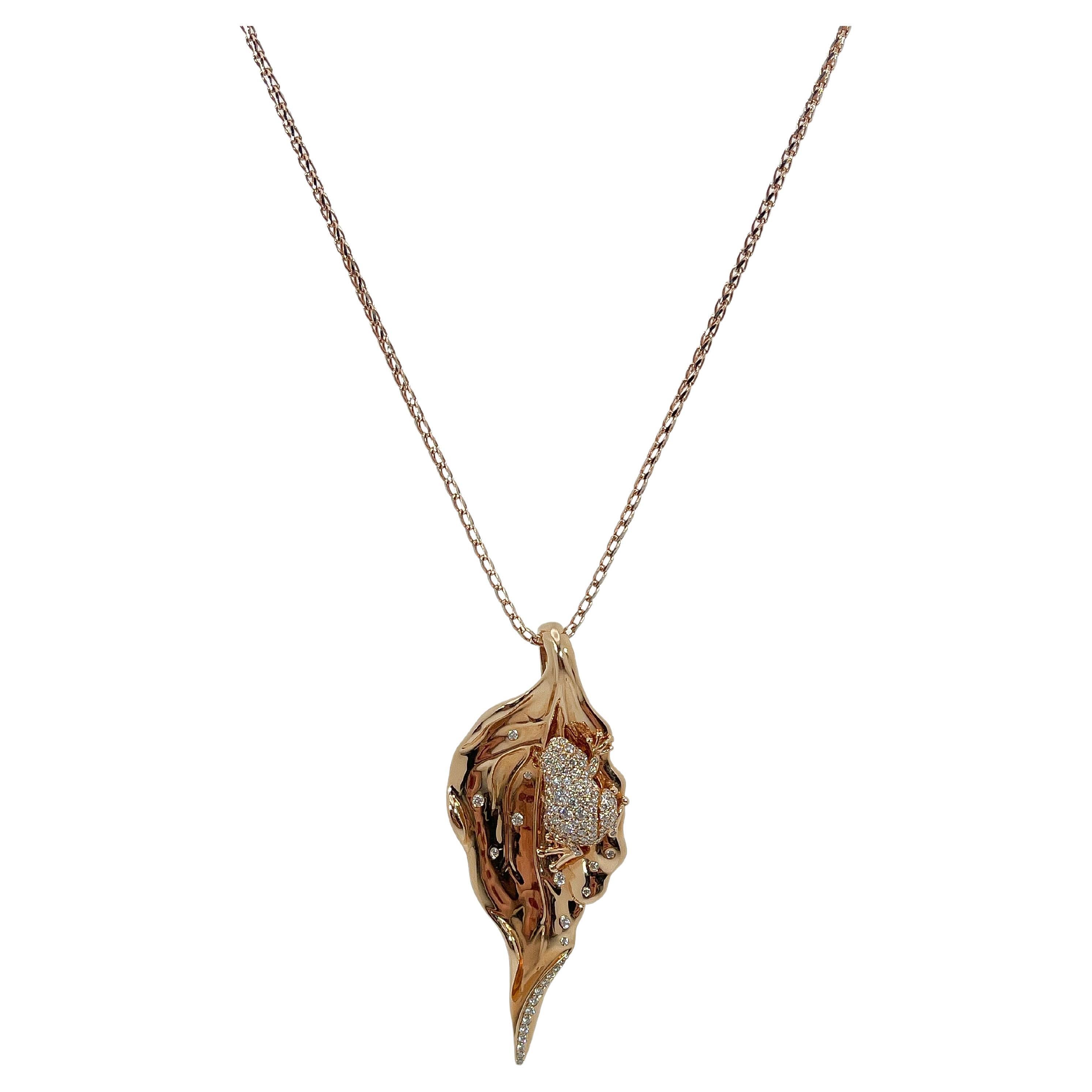 Kat Florence 18k Rose Gold Diamond Frog on Leaf Pendant .75 CTW  For Sale