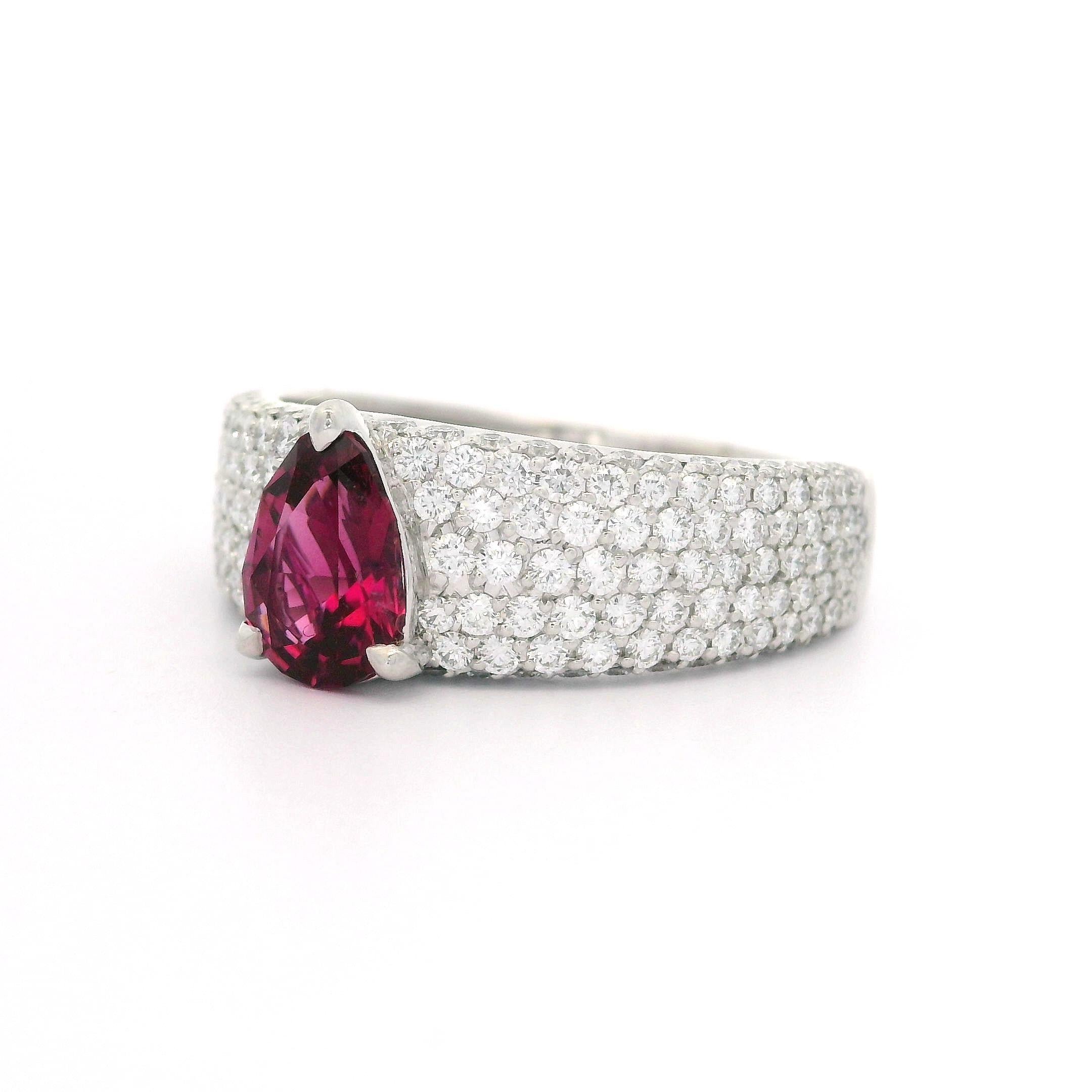 Pear Cut Kat Florence 18k White Gold 2.18ctw Pear Rubellite Tourmaline Pave Diamond Ring