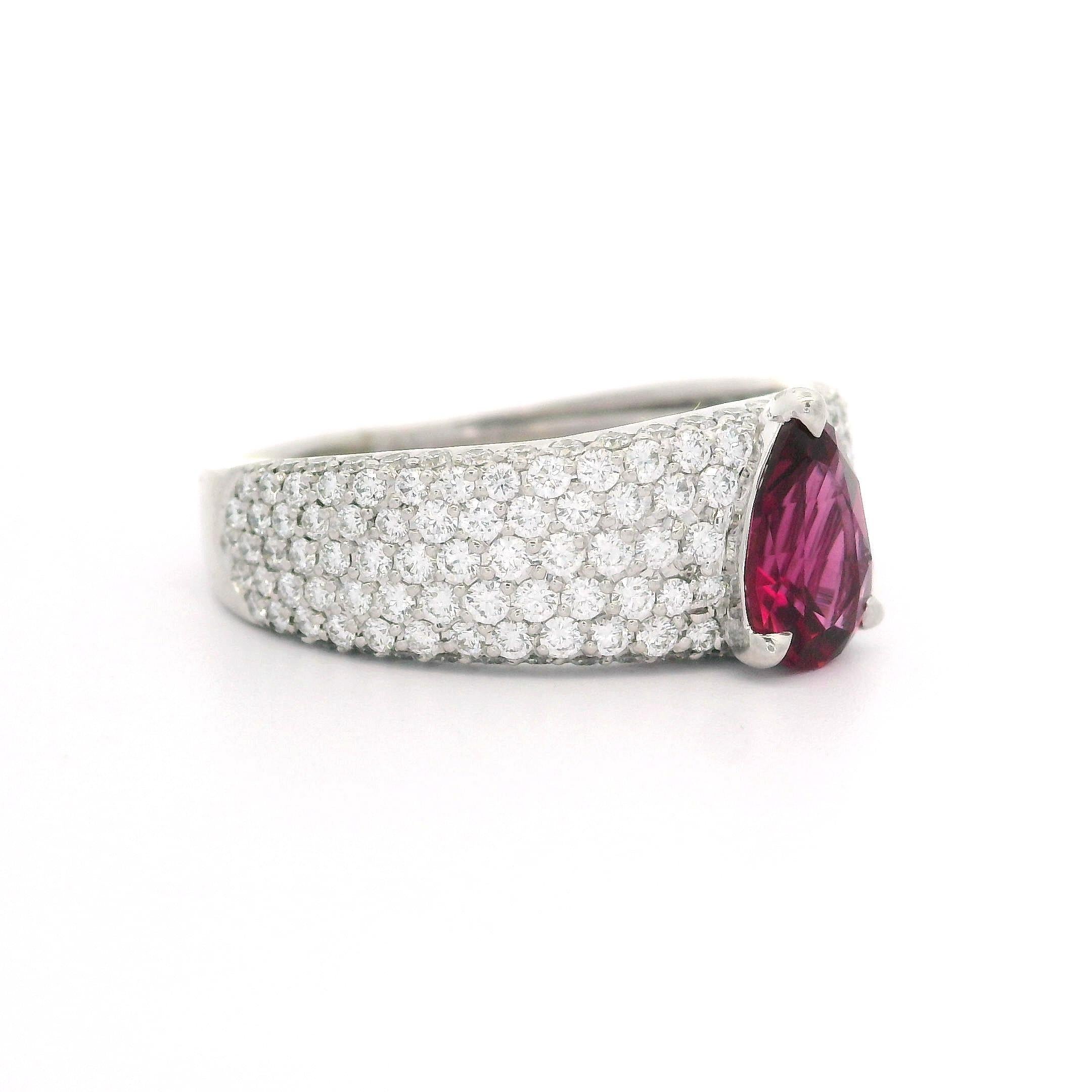Kat Florence 18k White Gold 2.18ctw Pear Rubellite Tourmaline Pave Diamond Ring In Excellent Condition In Montclair, NJ