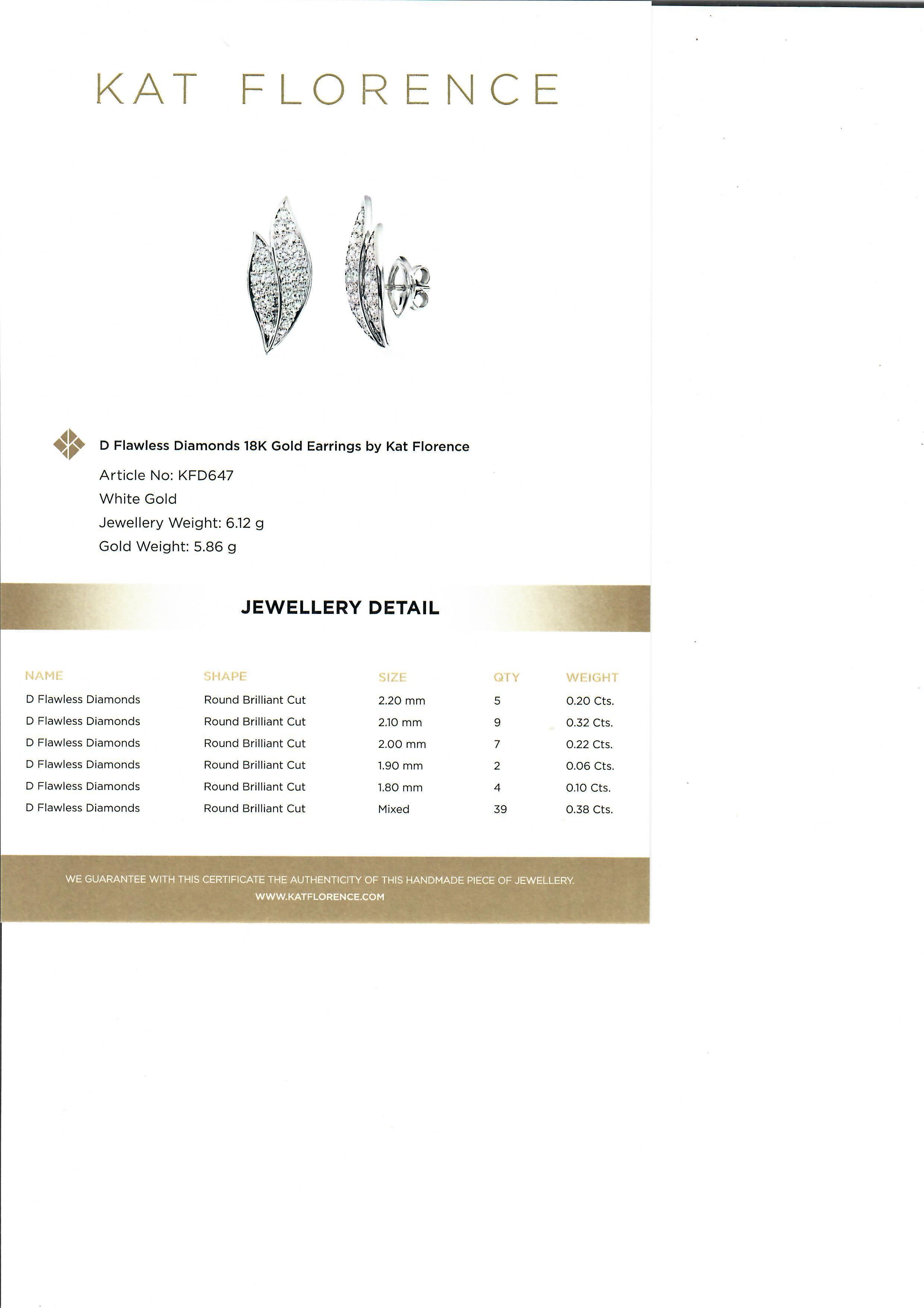 Kat Florence Clous d'oreilles feuille en or blanc 18 carats D FL 1,28 carat poids total avec boîte en vente 4