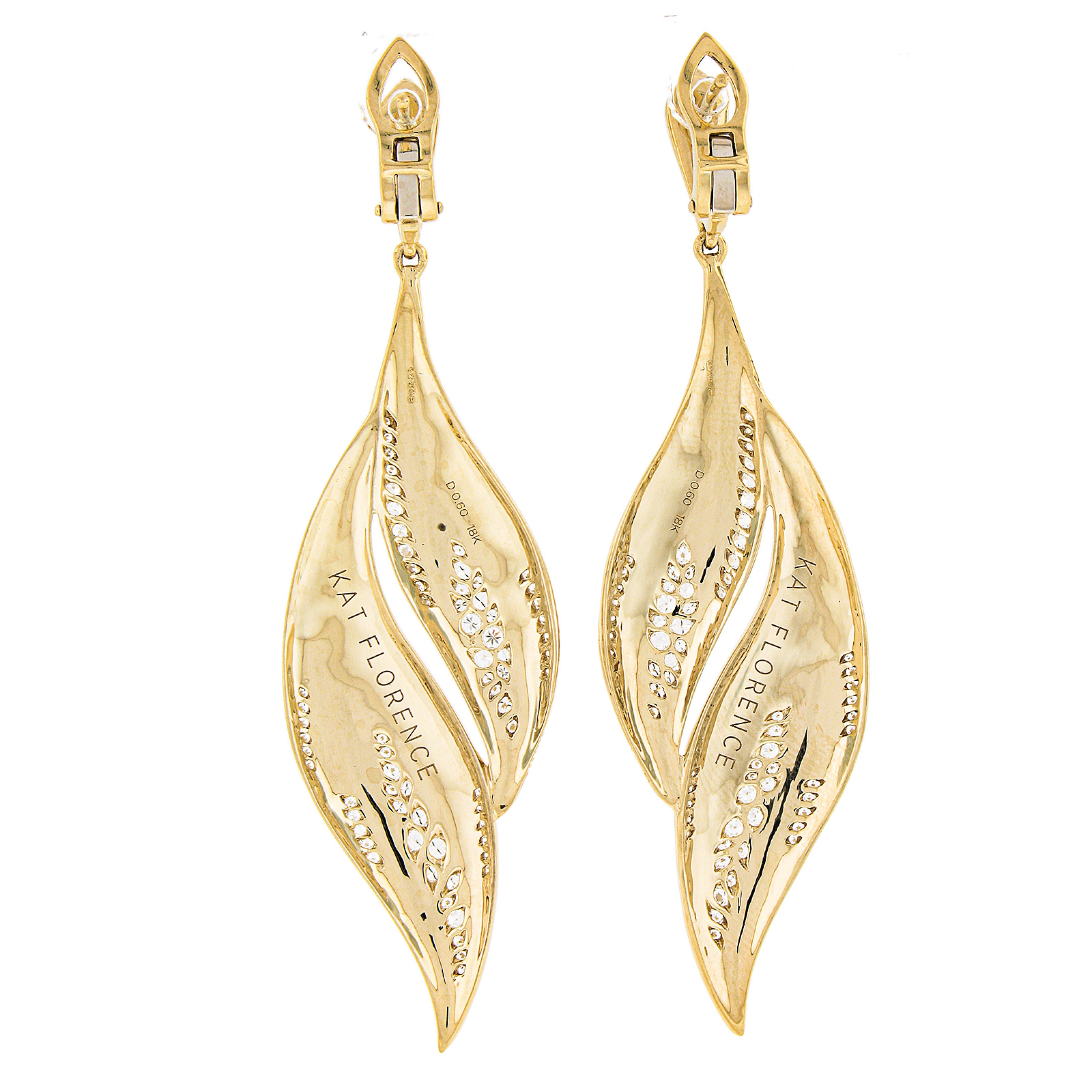 Round Cut Kat Florence 18k Yellow Gold 1.20ctw Flawless Diamonds Drop Dangle Earrings For Sale