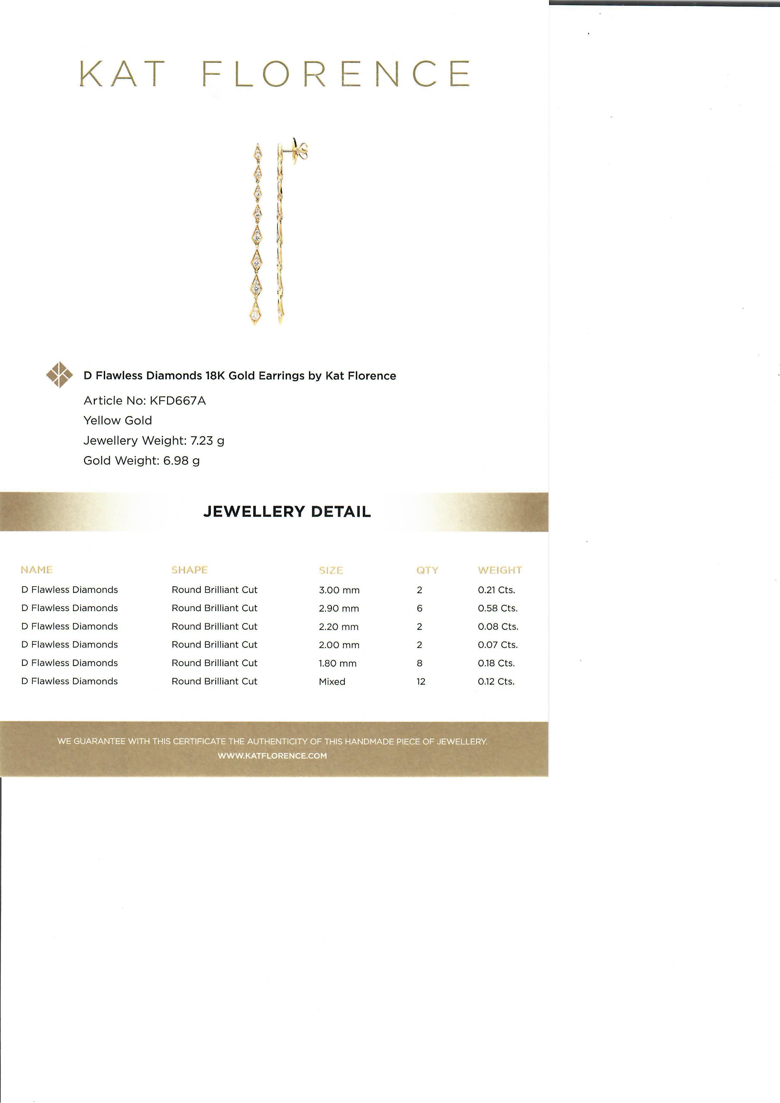Kat Florence 18k Yellow Gold 1.24ctw D FL Diamond Long Dangle Drop Earrings In Excellent Condition For Sale In Montclair, NJ