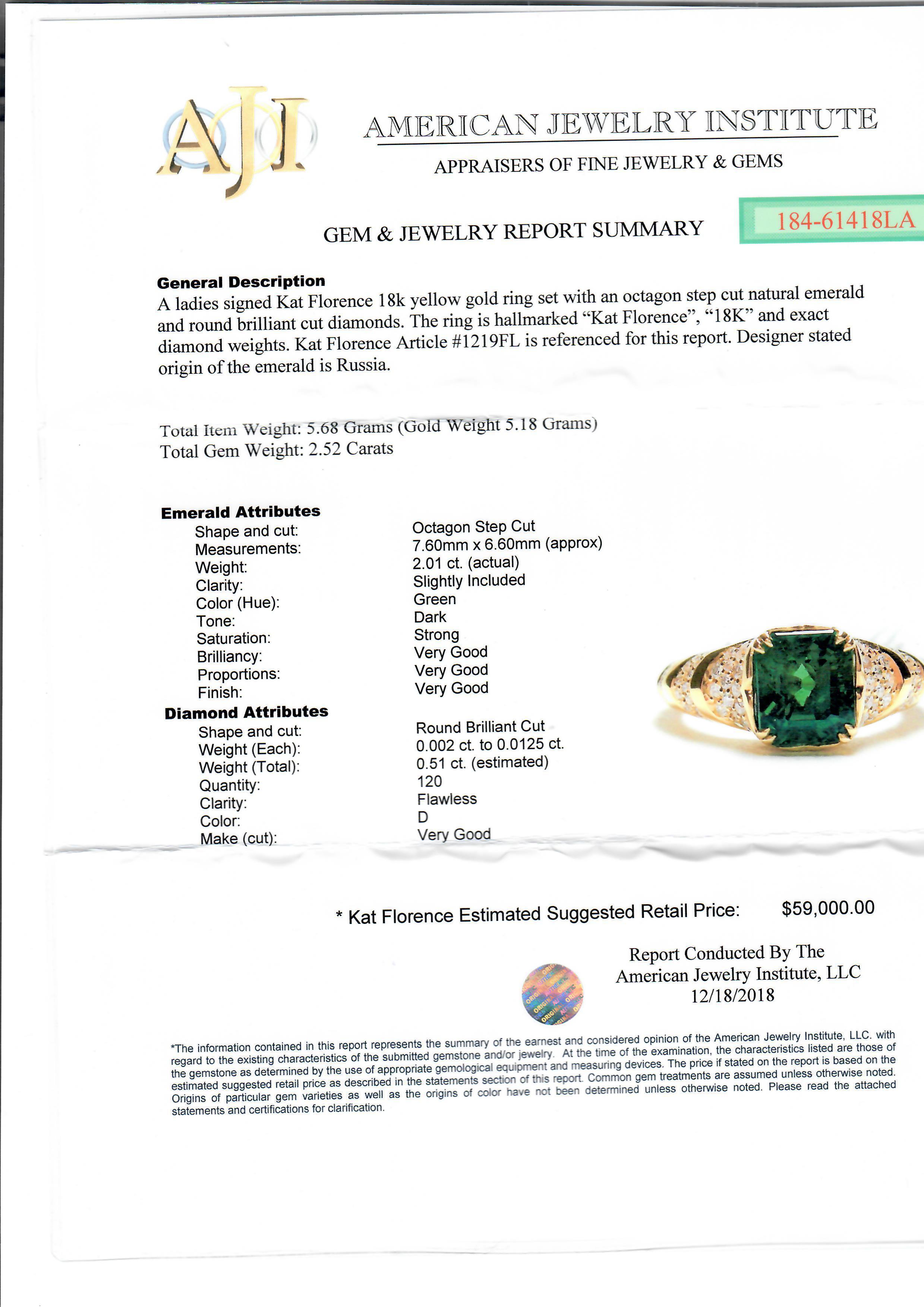 Octagon Cut Kat Florence 18k Yellow Gold 2.52ctw Emerald & D Flawless Diamond Ring w/ Box For Sale