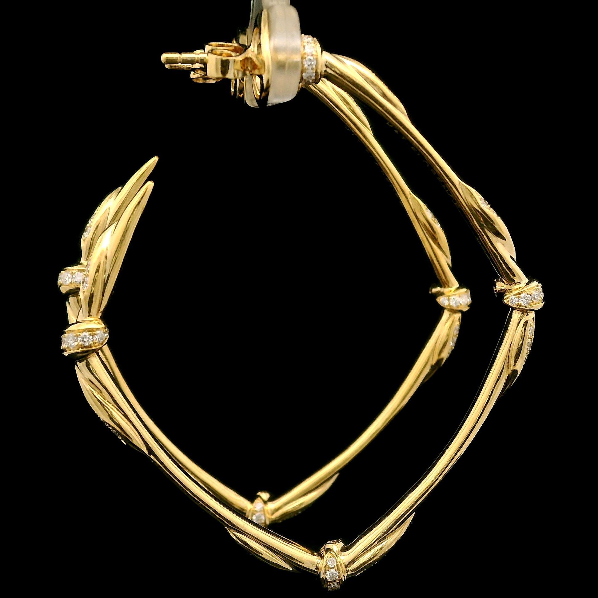 –Stone(s)–
Numerous Natural Genuine Diamonds- Round Brilliant Cut - Pave Set - D Color - Flawless - 0.90ctw (exact)

Material: Solid 18k Yellow Gold
Weight: 17.02 Grams
Backing: Posts w/ Butterfly Closures (Pierced ears are required.)
Overall Width: