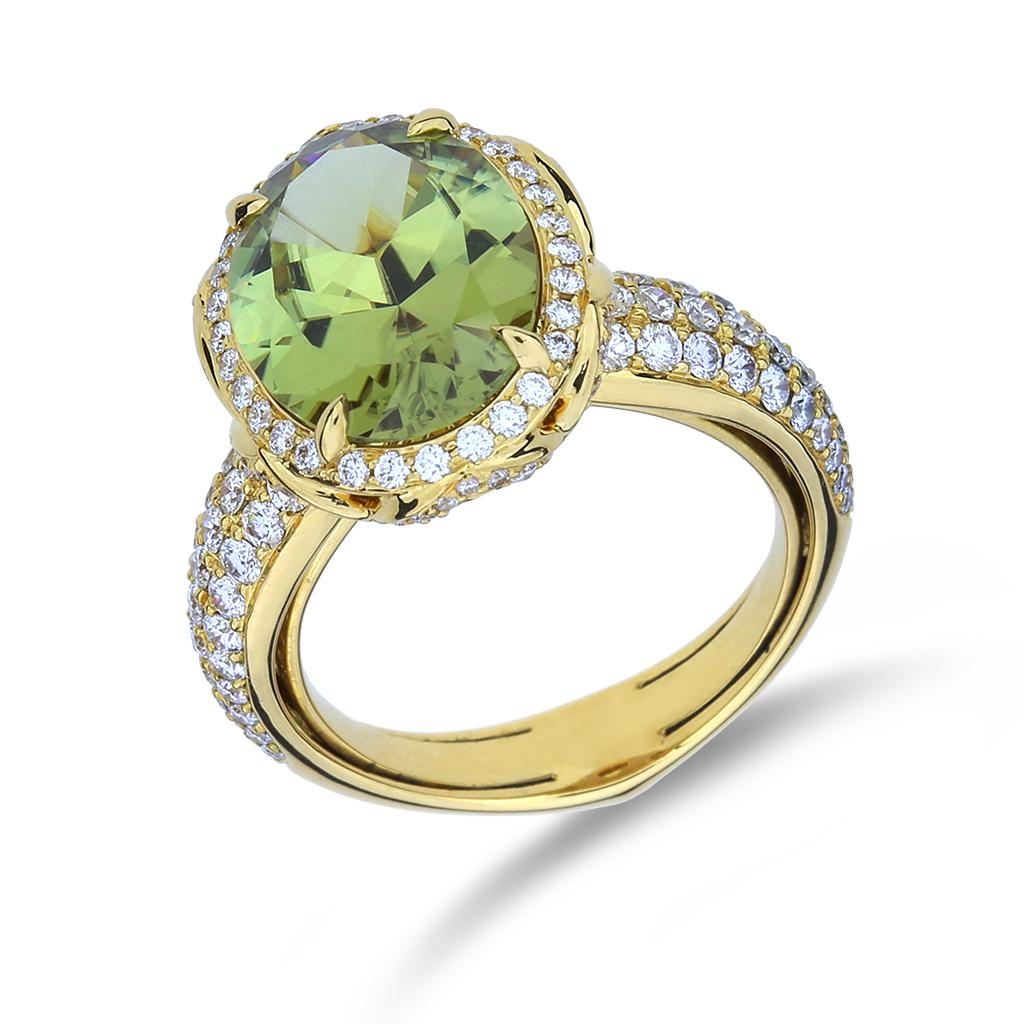 From Designer Kat Florence comes this fantastic 5.13 carat Color Change Zultanite with 1.23 total carat weight diamonds, Flawless-VVS Clarity and D-E Color, set into 18k yellow gold with built in sizing wings making this a one of a kind ring to own.