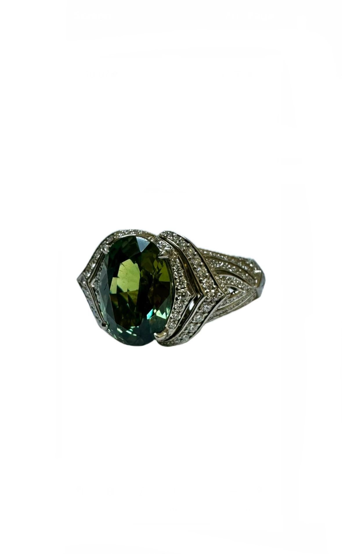 Anello di fidanzamento con diamante Kat Florence in platino da 5,09 carati con zaffiro verde non riscaldato in vendita 1