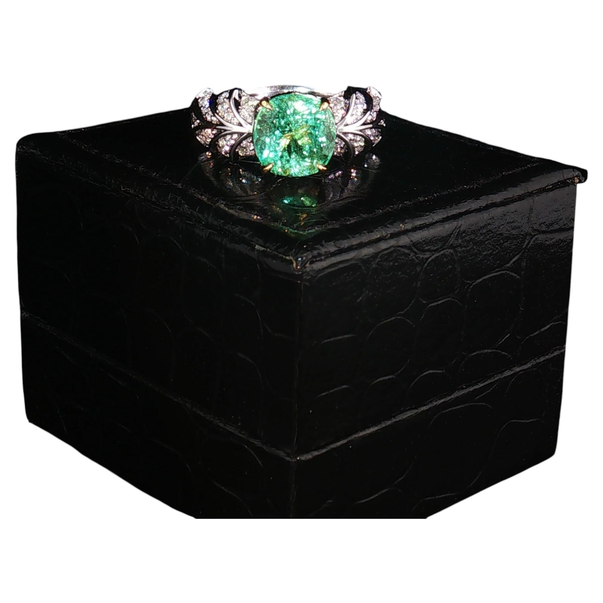 Anello Kat Florence GIA Platinum con smeraldo colombiano da 3,37 carati e pavé di diamanti, misura 6,5 in vendita