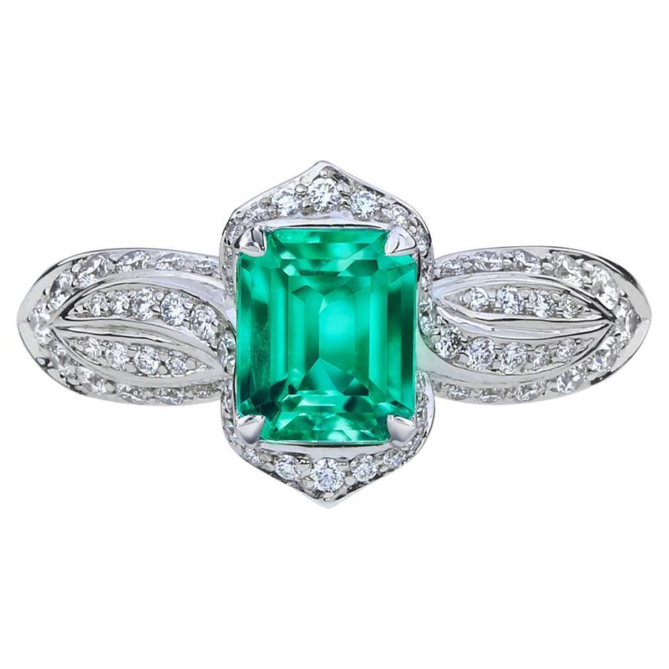 Kat Florence No Oil Muzo Colombian Emerald Diamond 18K Gold Ring For Sale