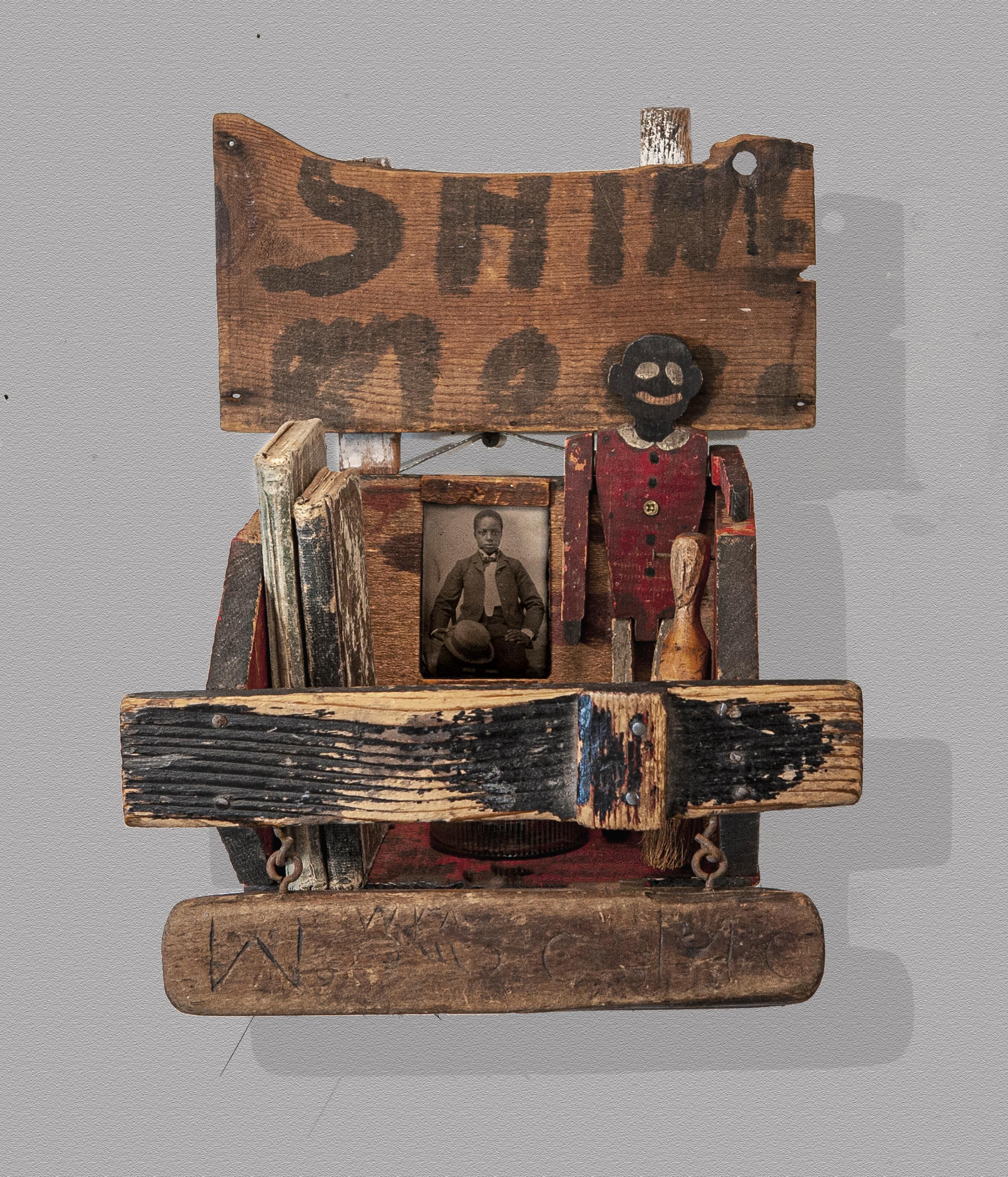 assemblage sculpture: Antique homemade shoeshine box, antique brush with hand-carved initials, small hand brush, handmade & painted 