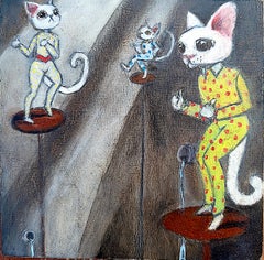 Dancing Hoki Poki Cats, Oil Painting