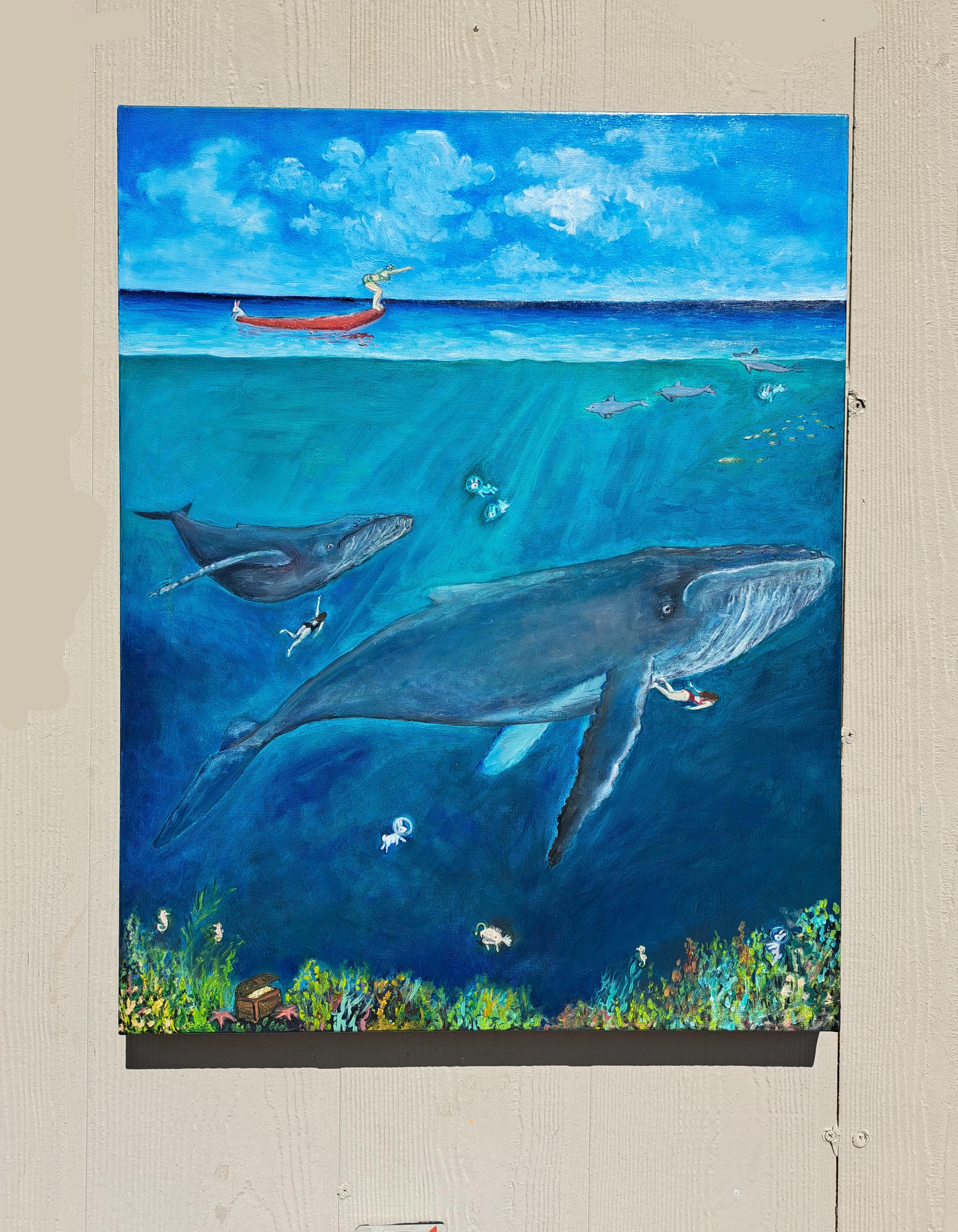 Diving Deep, Oil Painting - Blue Animal Painting by Kat Silver