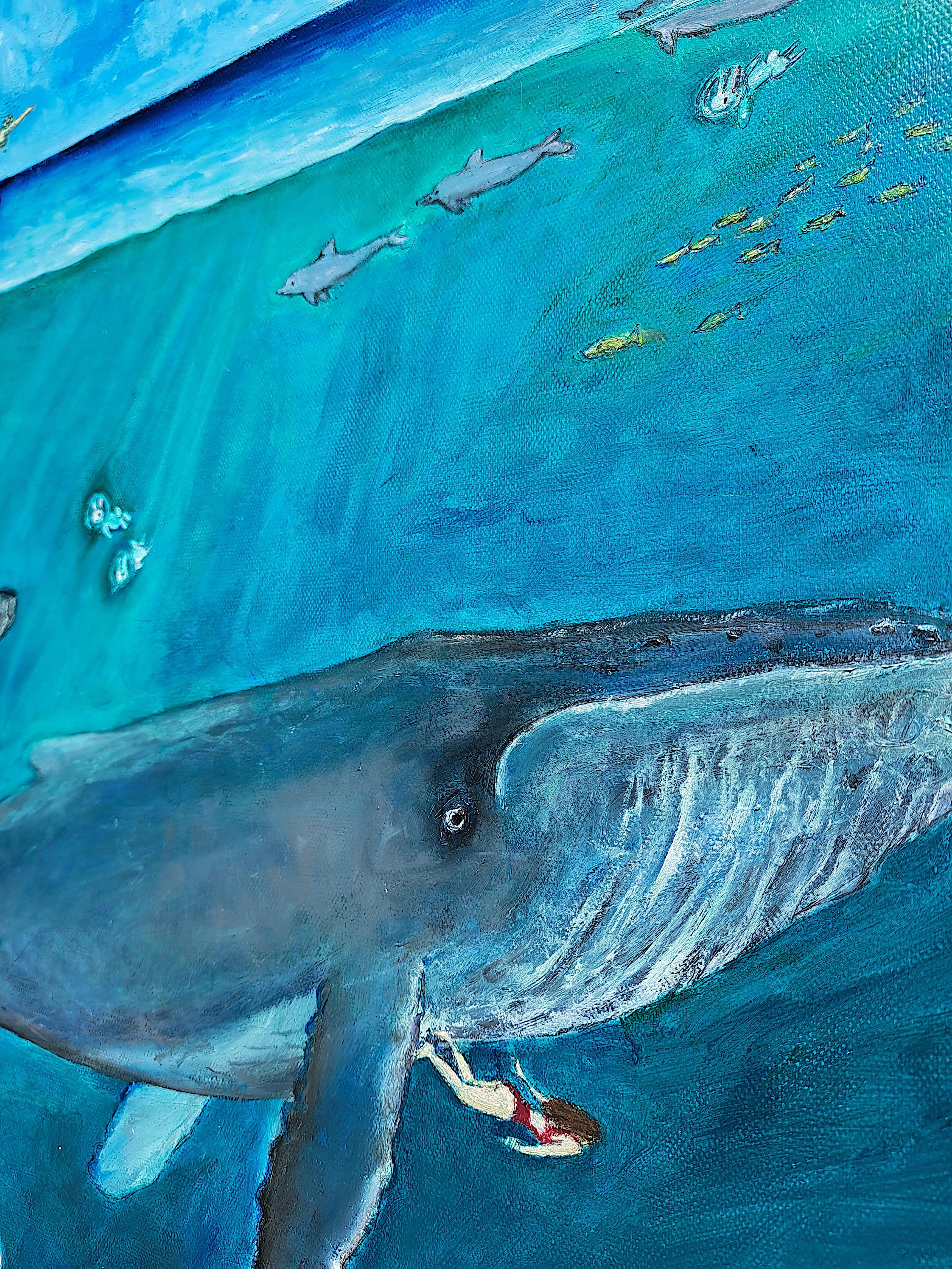 Diving Deep, Ölgemälde (Blau), Animal Painting, von Kat Silver