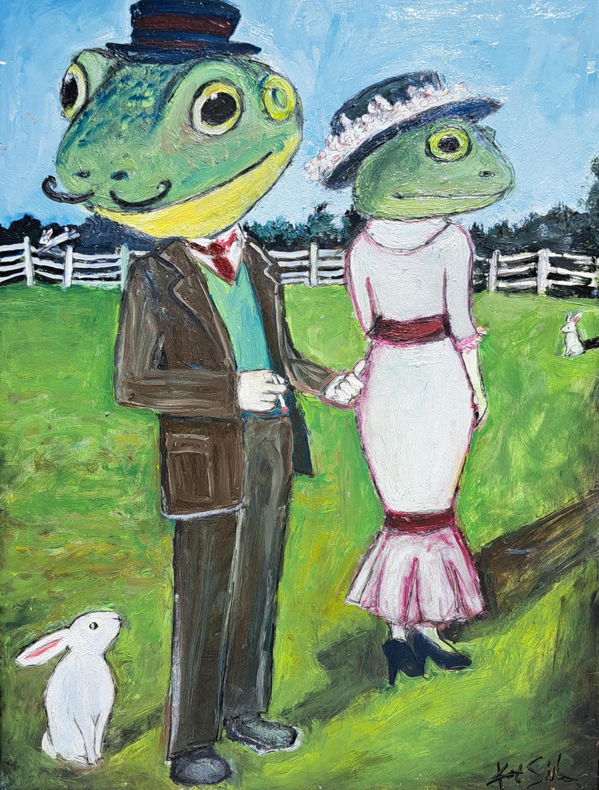 Kat Silver Animal Painting - Frog Couple, Oil Painting