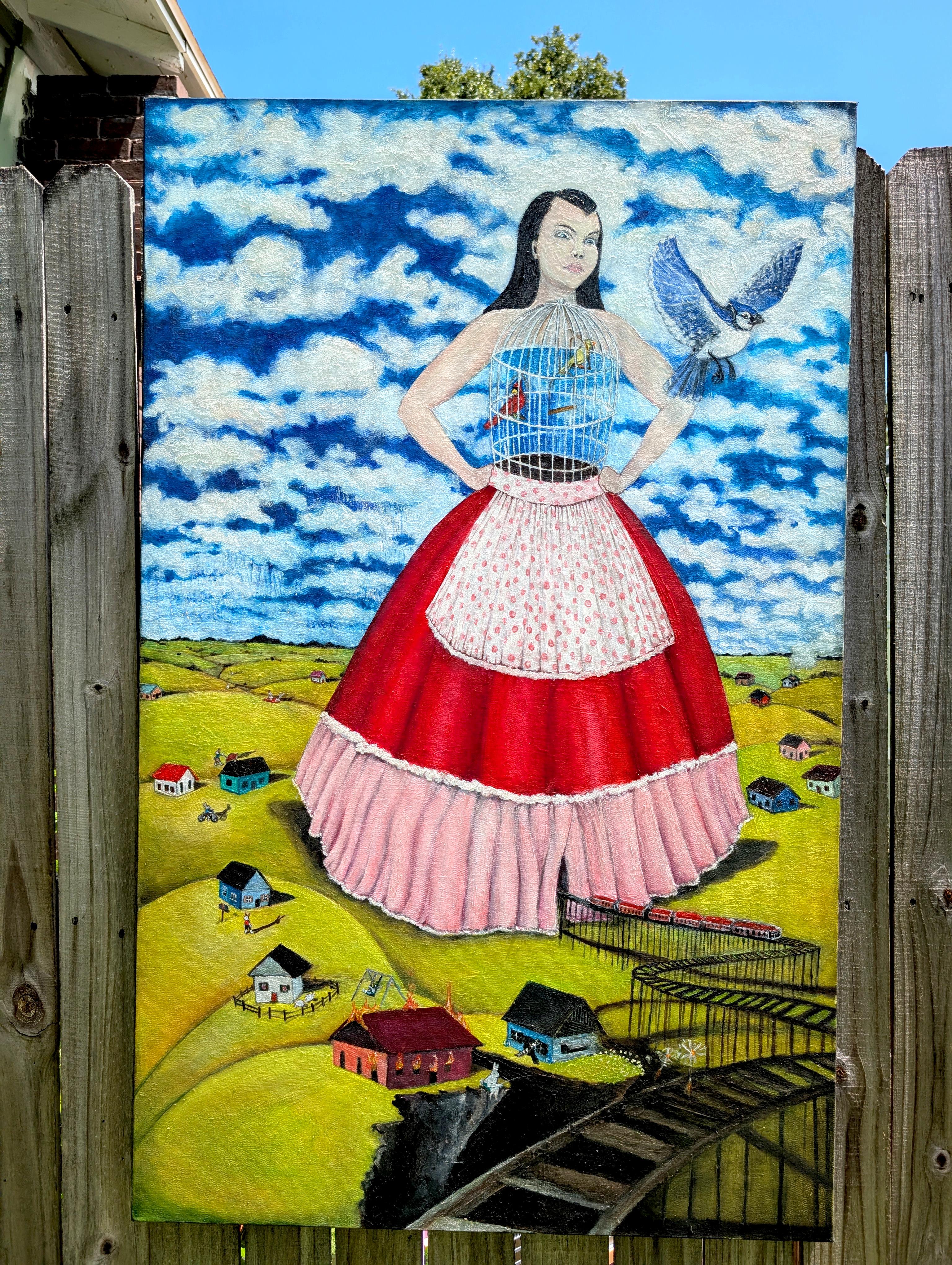 <p>Artist Comments<br>A surreal scene depicts a colossal woman standing amid farmland, her gaze fixed on a bird flying from her birdcage torso. A viaduct emerges from the base of her dress, carrying a train through the landscape. Tiny houses dot the