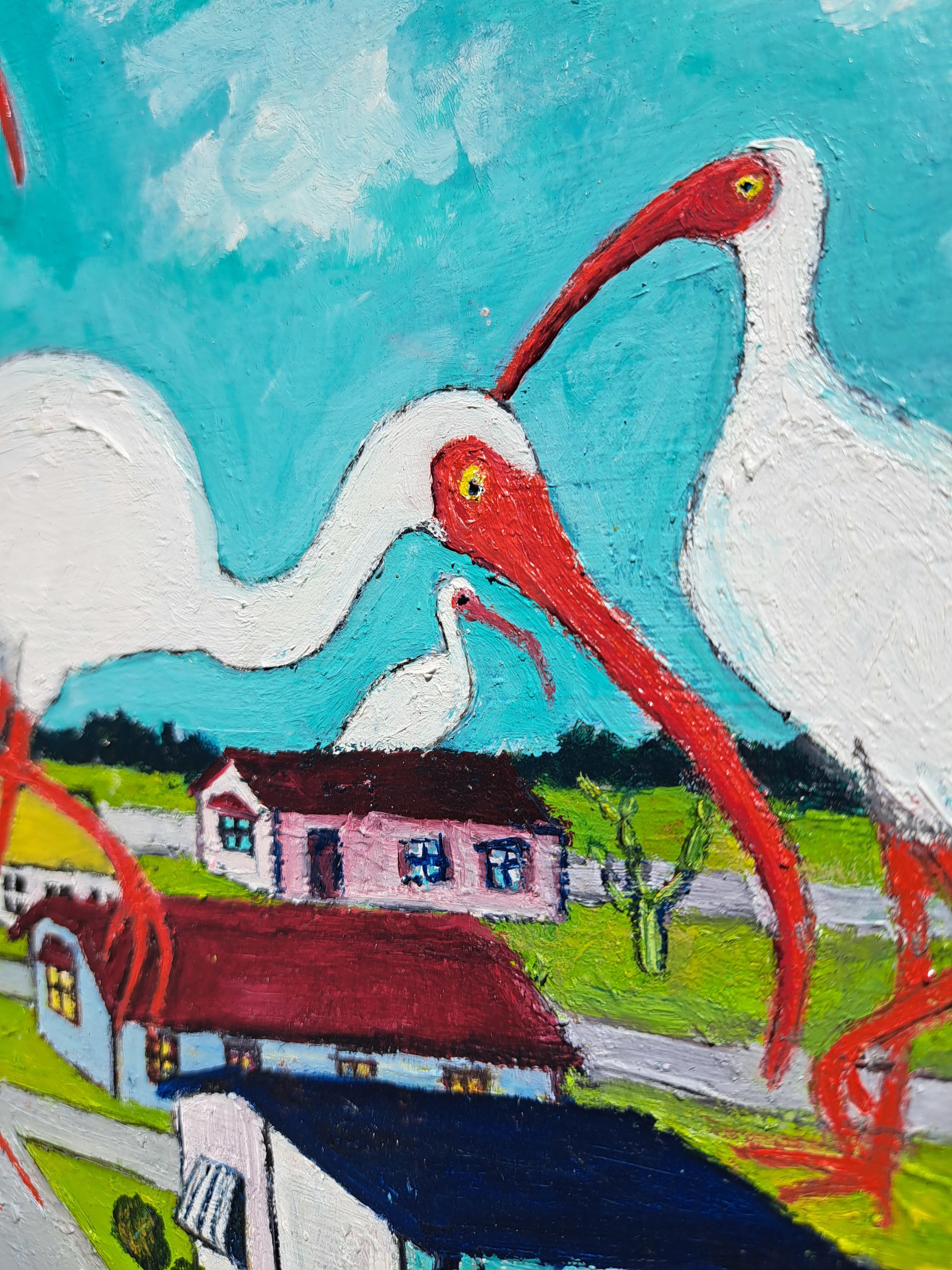 Ibis Invasion, Oil Painting - Blue Interior Painting by Kat Silver