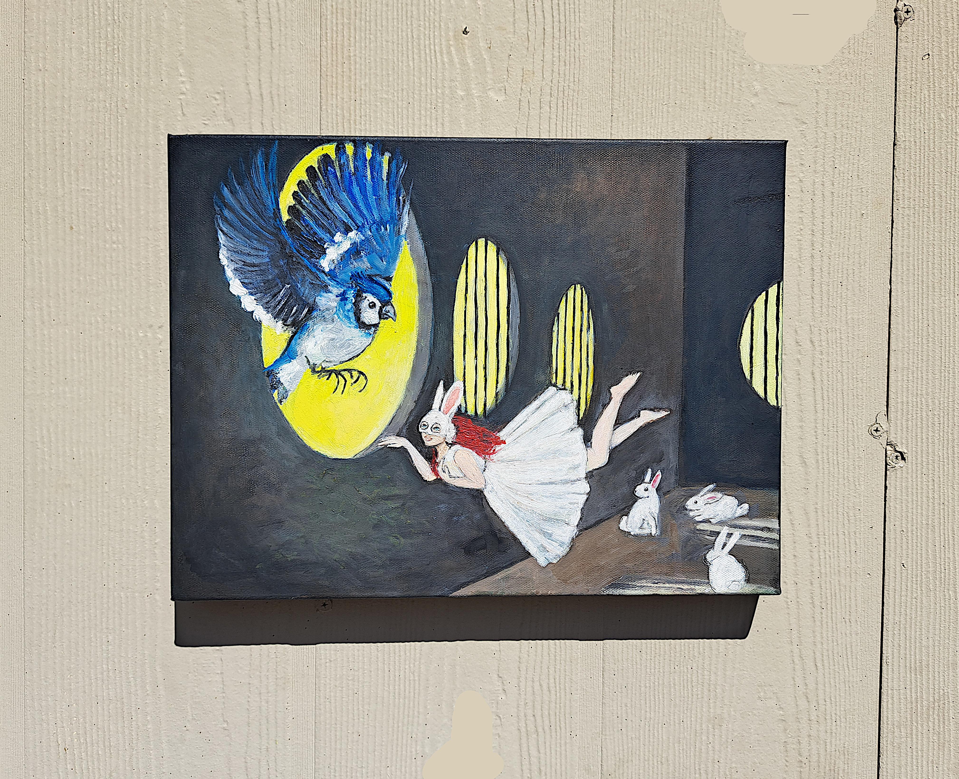 <p>Artist Comments<br>A woman character is shown floating near an open window, where a giant bluebird is waiting as a spirit animal guide. The bird serves as a reminder to not give up and stay on track. The painting portrays the theme of liberation