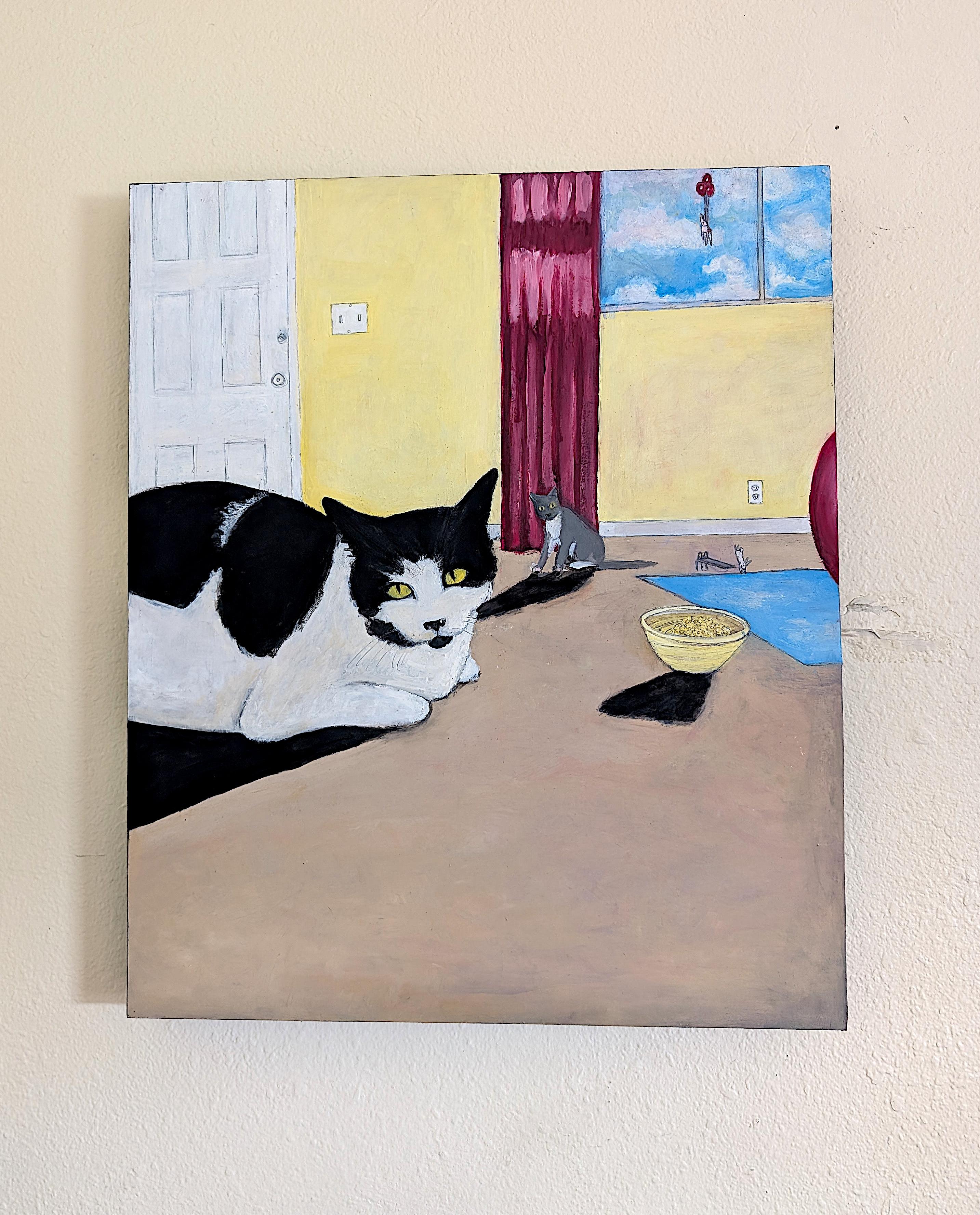 <p>Kommentare des Künstlers<br>Eine surreale häusliche Szene zeigt zwei Katzen, die sich in einem Zimmer ausruhen und den Betrachter direkt anstarren. Ein kleines Tier steht auf einem Miniatursprungbrett, der blaue Teppich verwandelt sich in einen