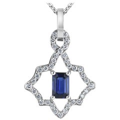 KATA Platinum 0.60 Carat Emerald Cut Deep Blue Sapphire and Diamond Pendant
