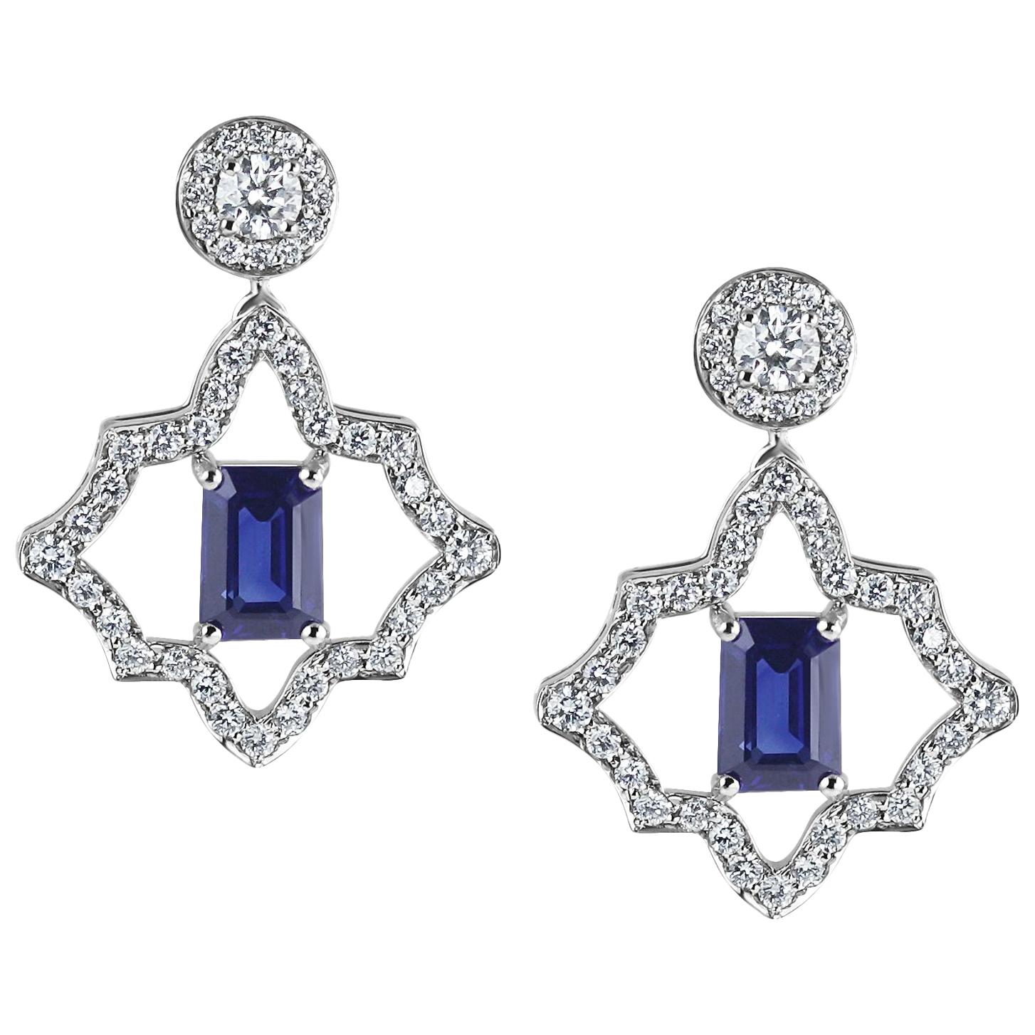 KATA 0.78ct Emerald Cut Deep Blue Sapphire and Diamond Platinum Stud Earrings For Sale