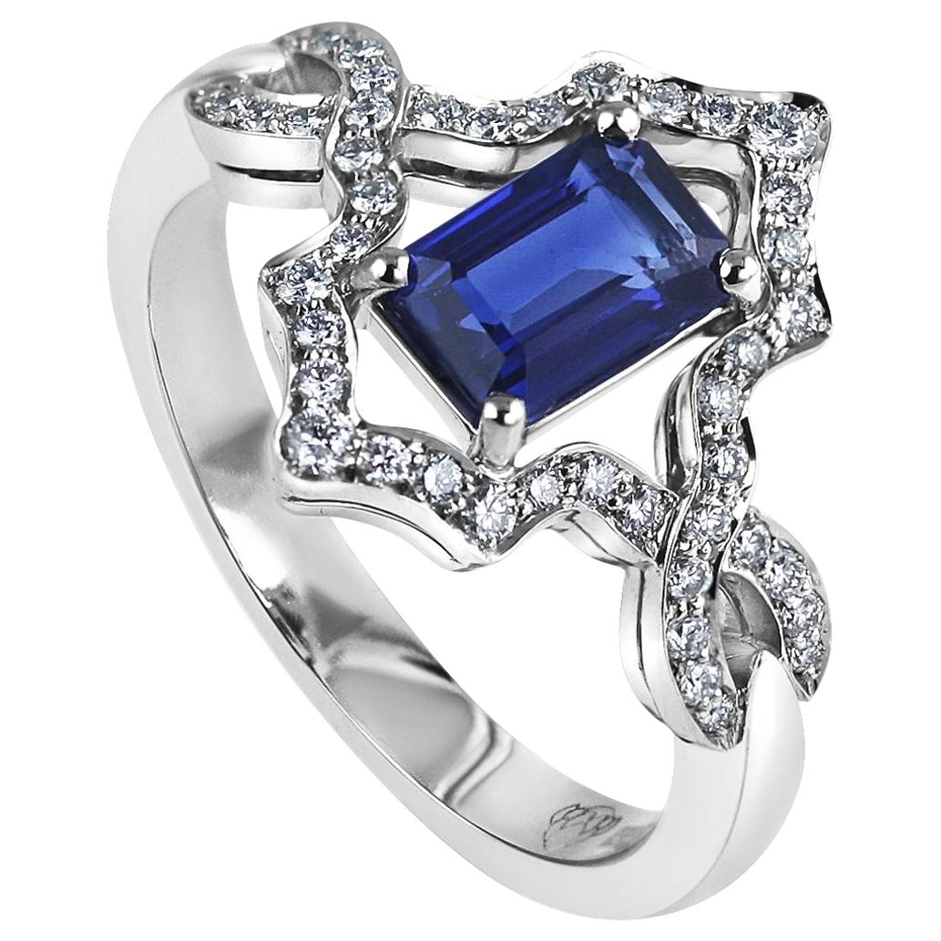 KATA Platinum 0.92 Carat Emerald Cut Deep Blue Sapphire and Diamond Ring For Sale