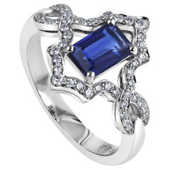 KATA Platinum 0.92 Carat Emerald Cut Deep Blue Sapphire and Diamond Ring