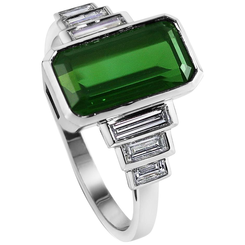 4.1ct Green Tourmaline and Baguette Diamond Art Deco Style Ring 18K White For Sale