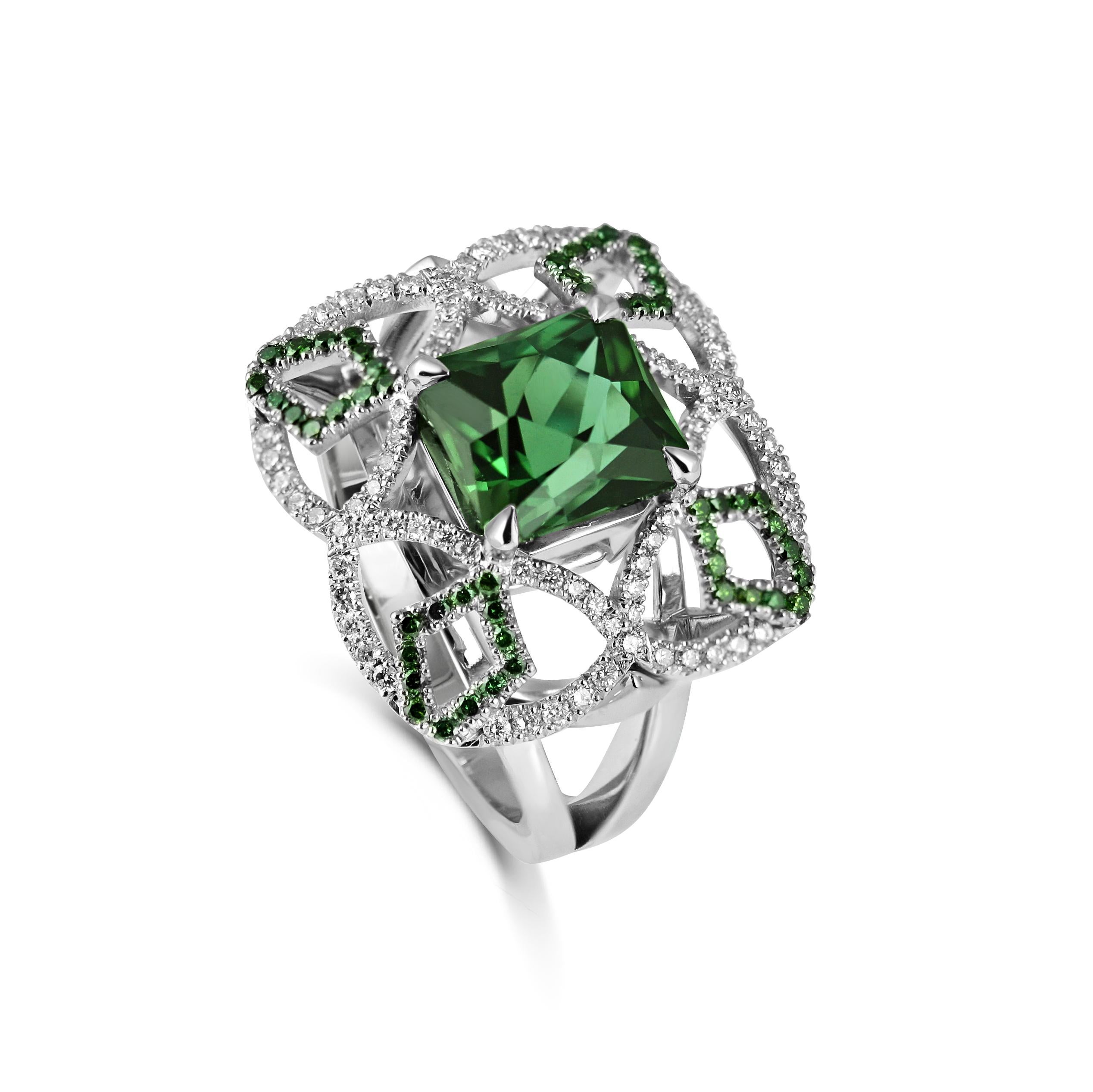 KATA Pomona Ring aus grünem Turmalin im Asscher-Schliff mit grünem, weißem Diamanten, 3,76 Karat (Moderne) im Angebot