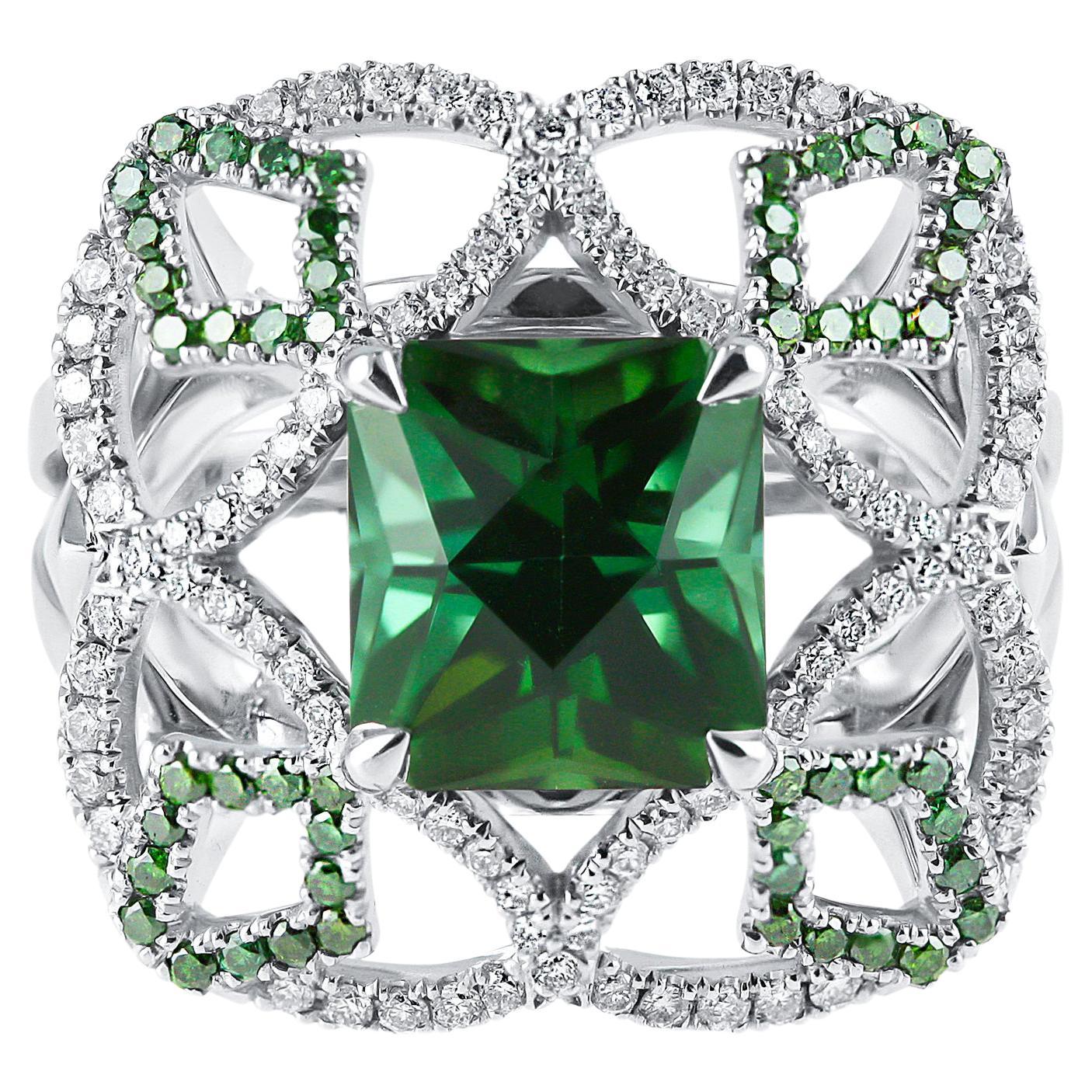 KATA Pomona 3.76ct Asscher Cut Green Tourmaline with Green White Diamond Ring For Sale