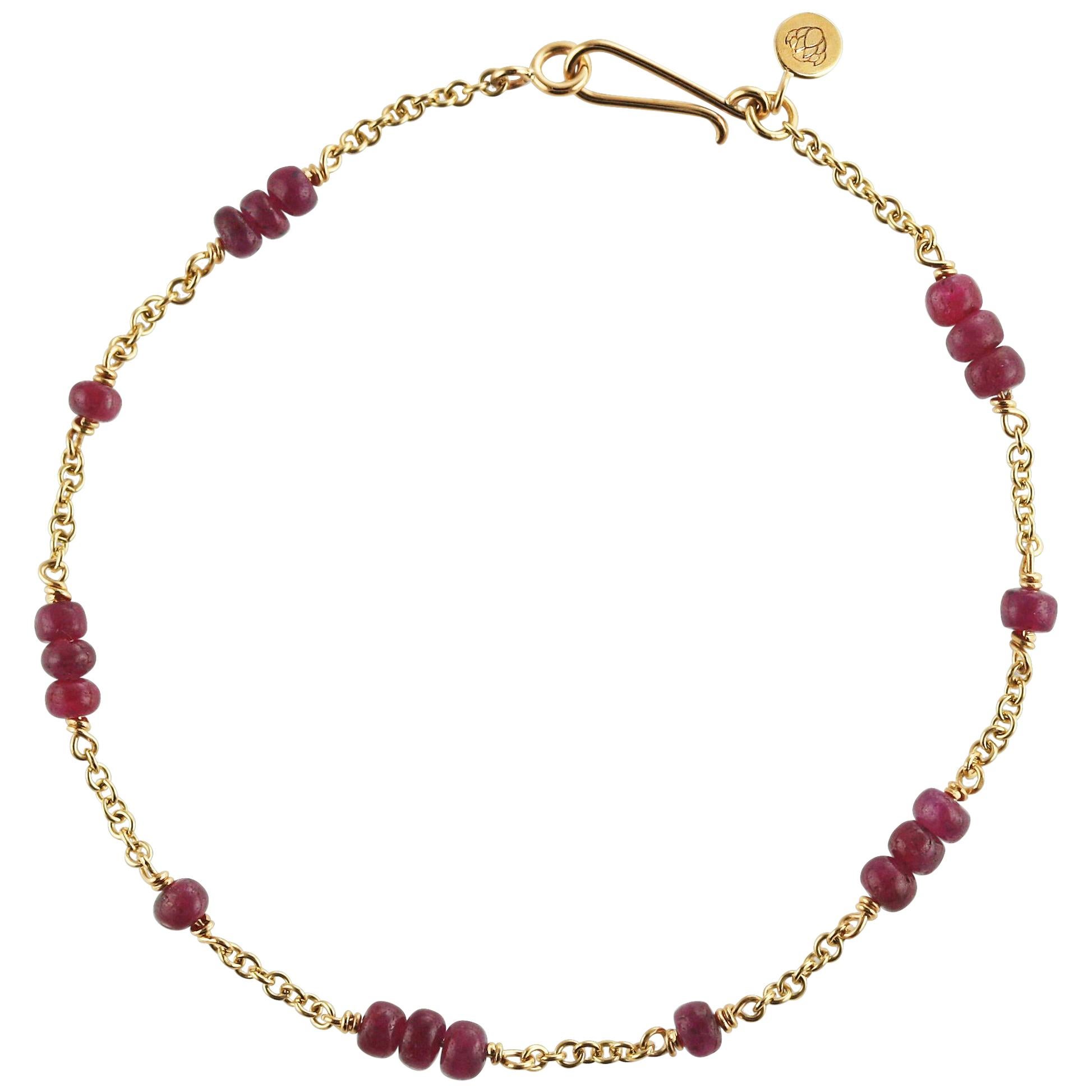 KATA Ruby Bead Bracelet with 9 Carat Yellow Gold Chain with Hook Clasp Fitting For Sale