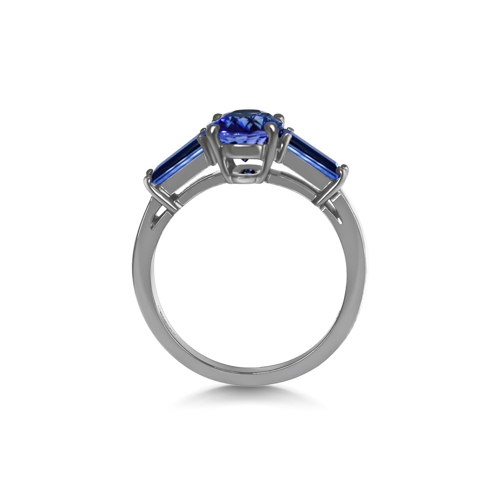 Oval Cut Kata Unique Oval & Baguette Sapphire Three Stone Trilogy Ring with Black Rhodium For Sale