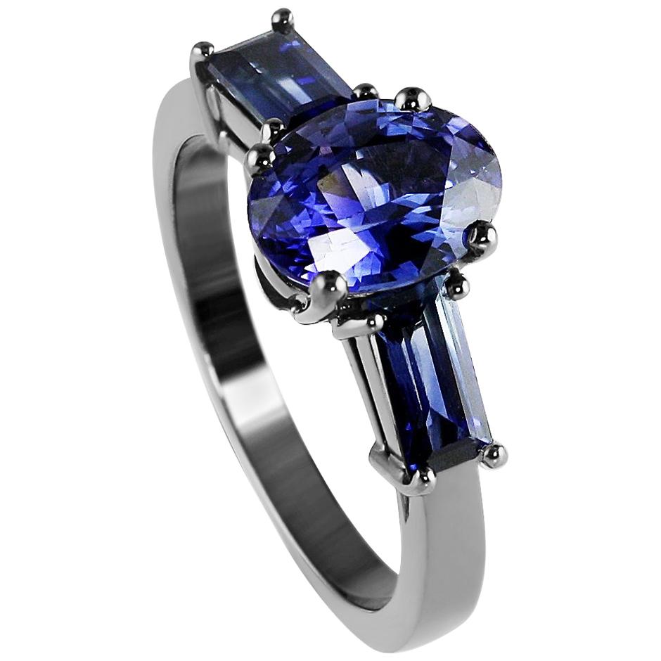 Kata Unique Oval & Baguette Sapphire Three Stone Trilogy Ring with Black Rhodium For Sale