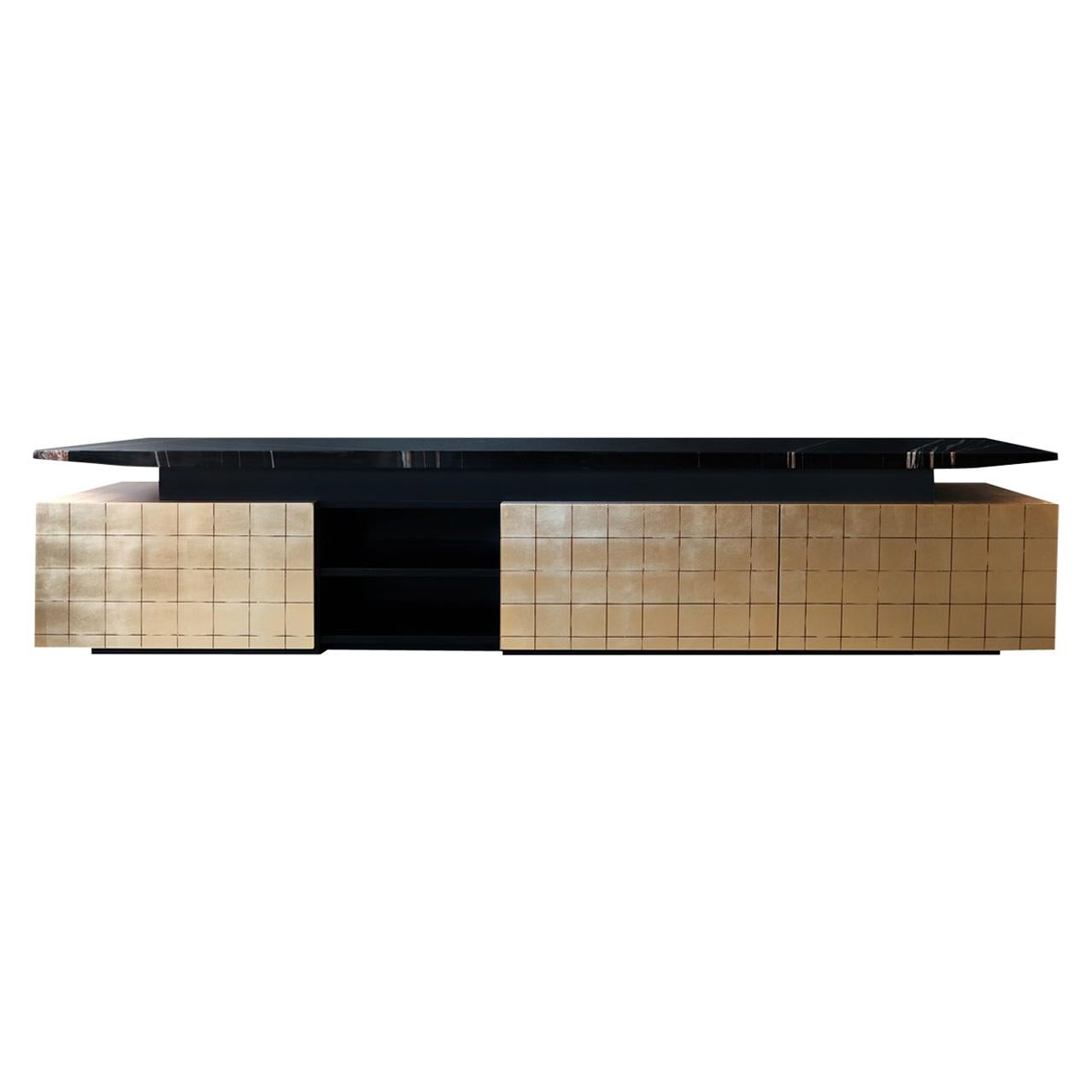 Katai Golden Media Sideboard with Black Guinea Marble Top For Sale