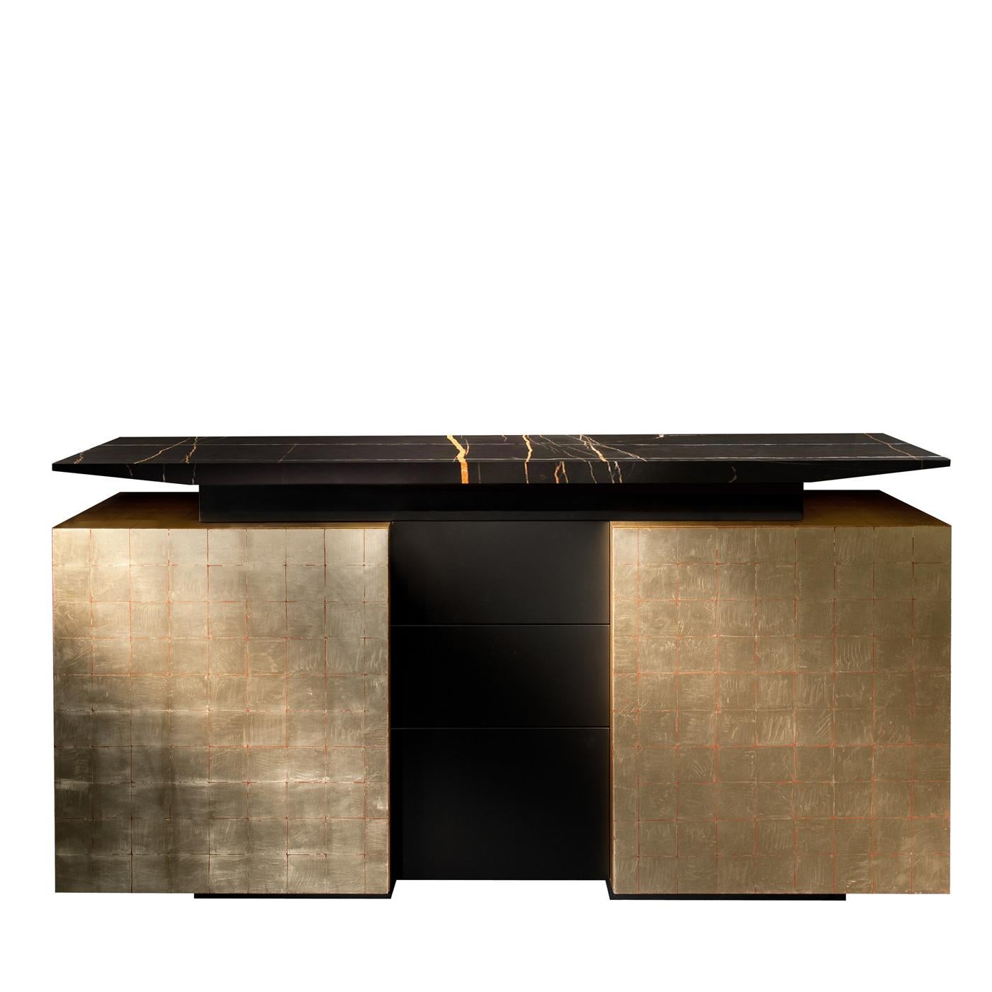 Modern sophistication and a unique, refined allure define this magnificent sideboard. A testament to impeccable craftsmanship, it is fashioned of wood with a Nero Guinea marble top showcasing bright, natural veins. The two doors with inner shelves