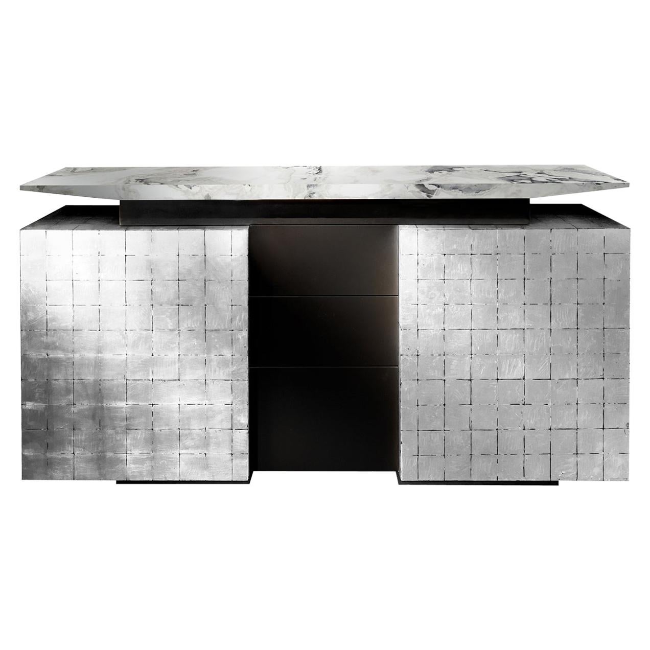 Katai Silver Sideboard with Dover White Marble Top For Sale