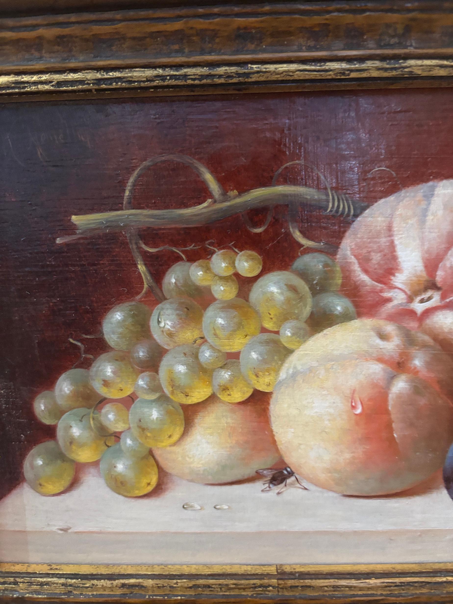 20e siècle Nature morte de fruits et d'insectes sur une corniche - Painting de Katalin Nemethy