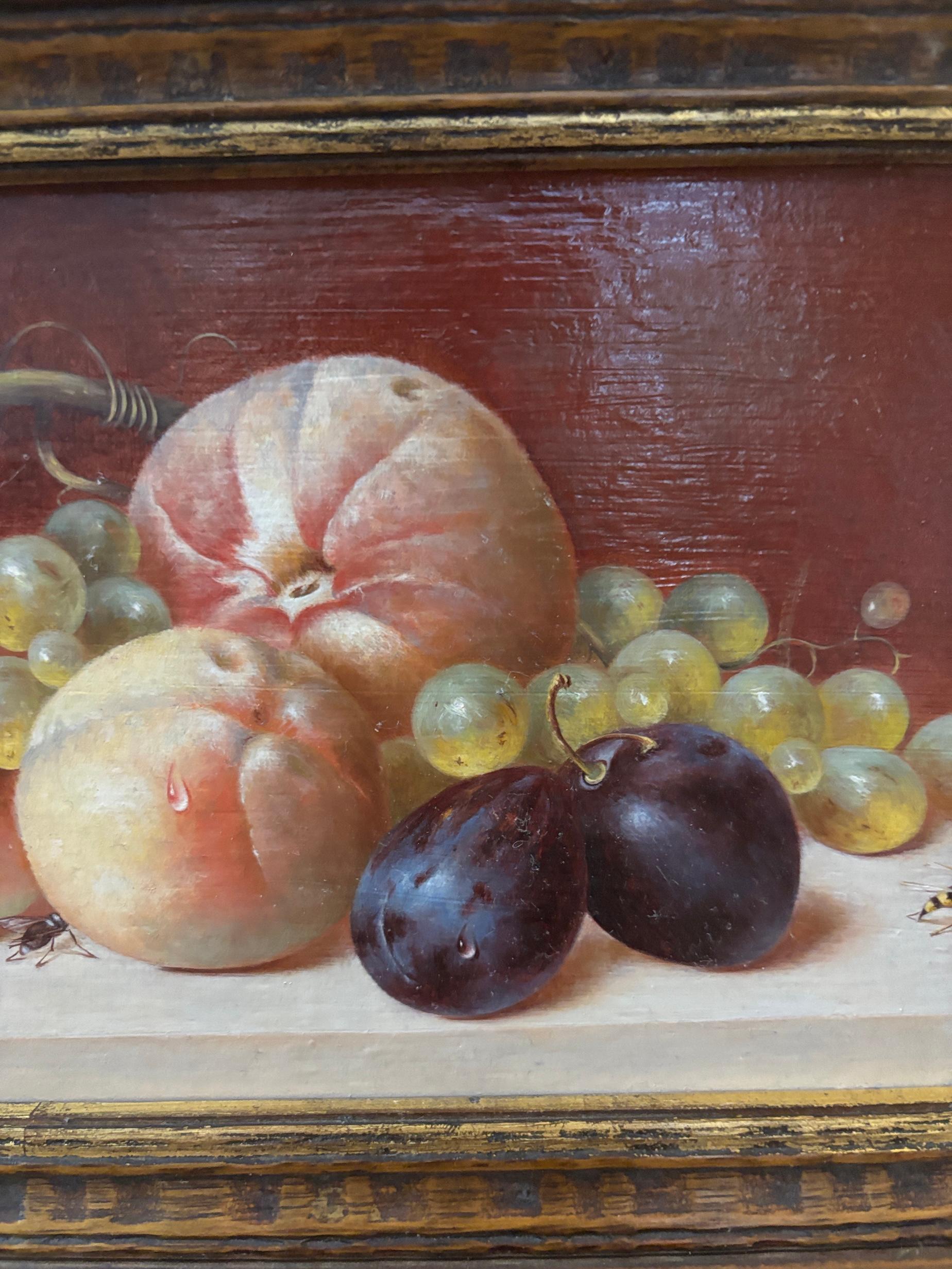 20e siècle Nature morte de fruits et d'insectes sur une corniche - Réalisme Painting par Katalin Nemethy