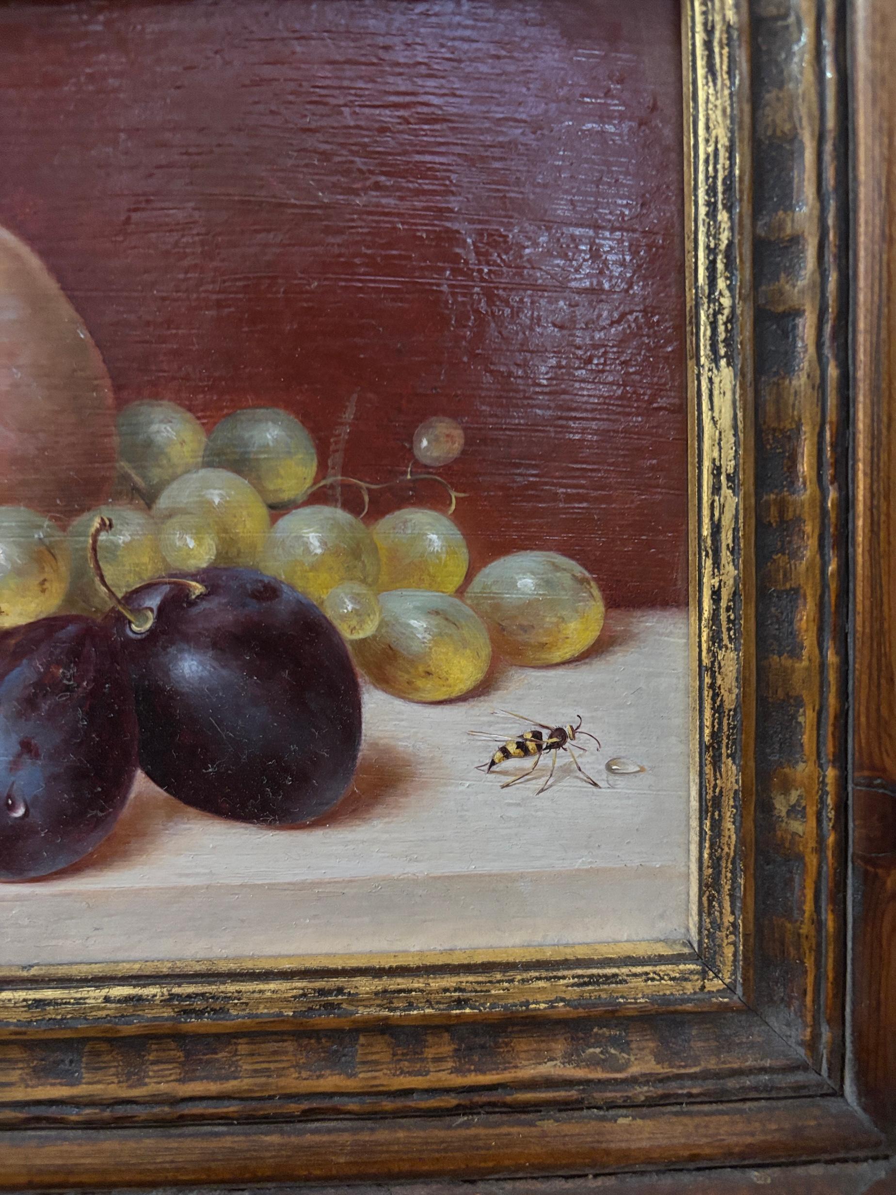 20e siècle Nature morte de fruits et d'insectes sur une corniche - Noir Still-Life Painting par Katalin Nemethy
