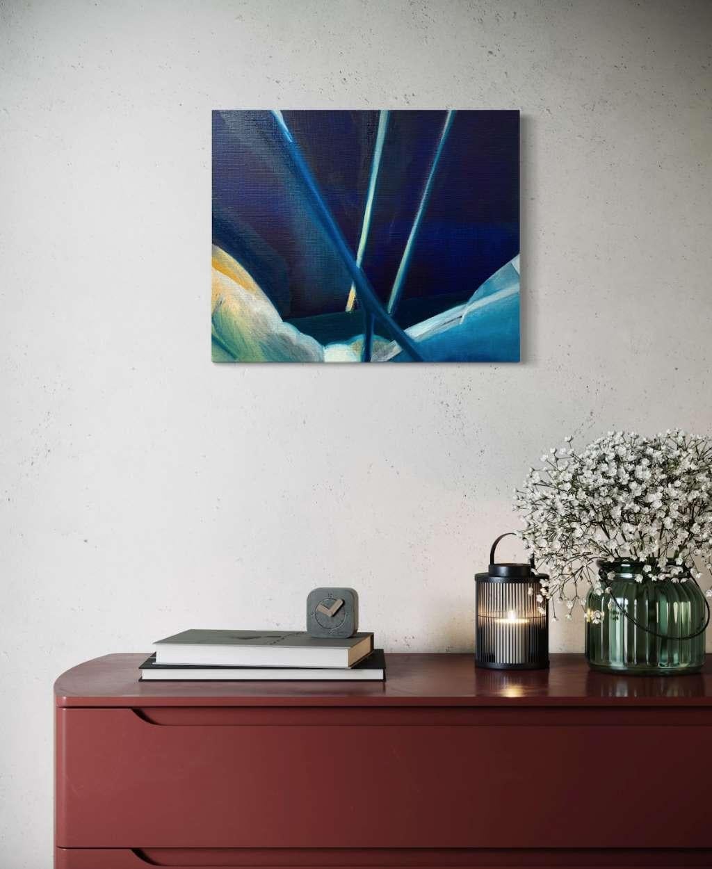 This captivating artwork presents a dynamic interplay of geometric forms and rich, deep hues that command attention. Dominated by bold, angular lines that crisscross energetically, the painting immerses the viewer in an abstract scene that suggests
