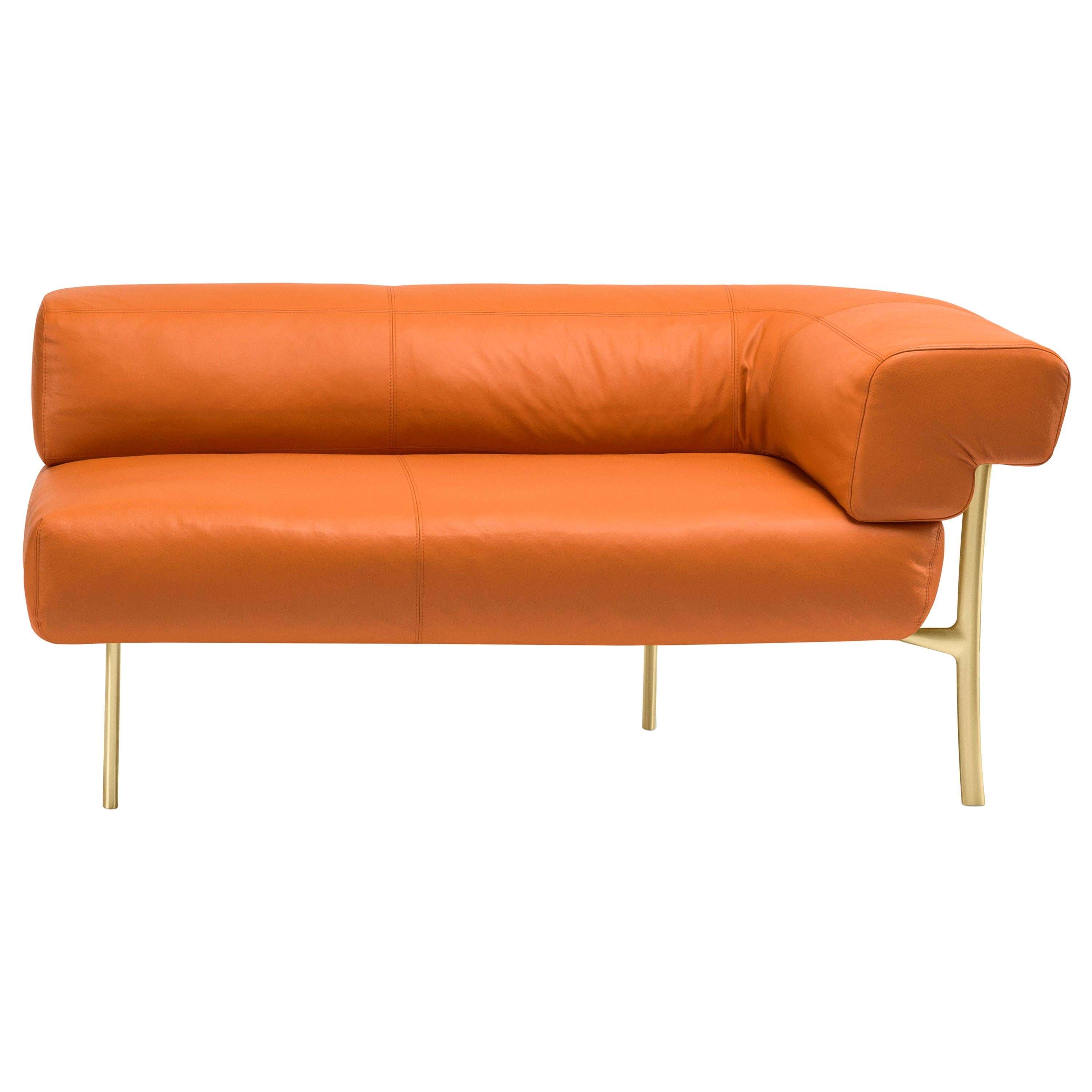 Katana 2 Seater Corner Sofa in Arancio Natural Leather with Satin Brass Legs For Sale