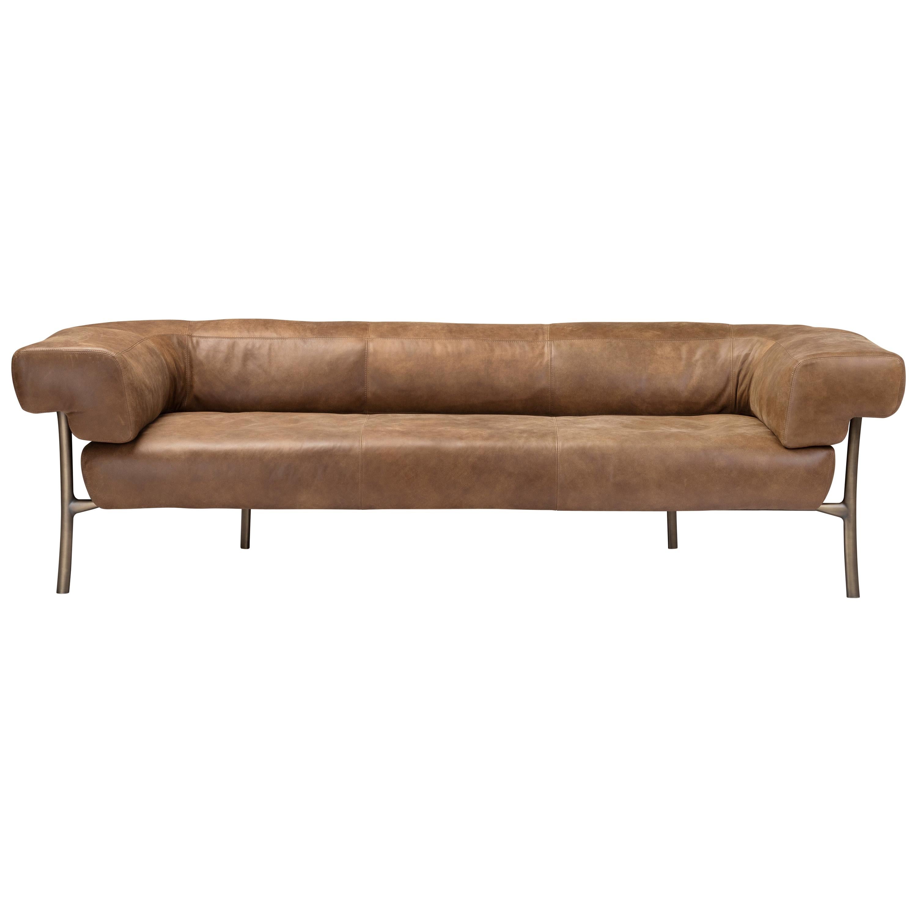 Katana 2 Seater Sofa in Choclate Forest Leather with Brown Burnished Brass Legs For Sale